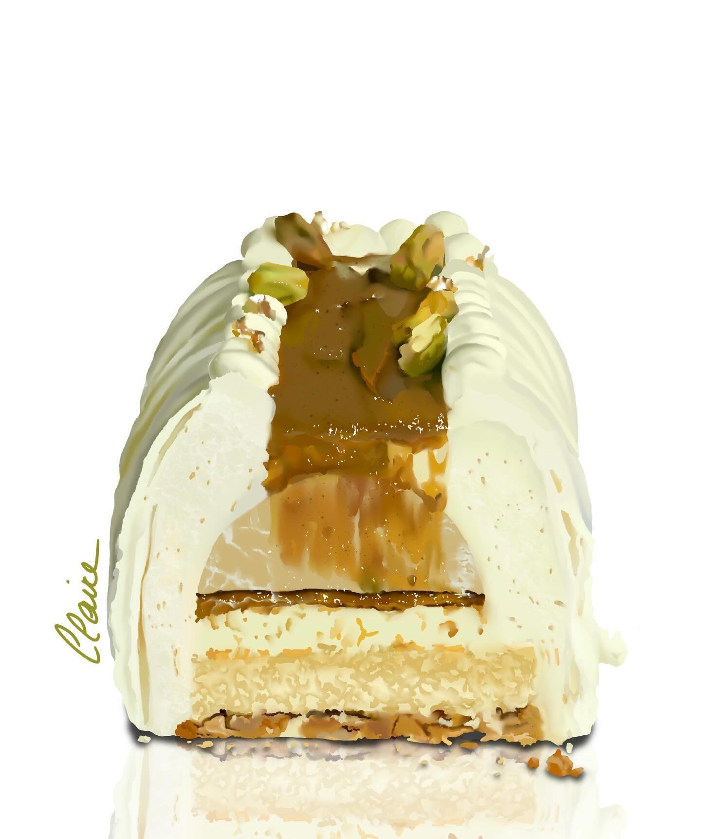Recette illustrée de ma Bûche création pour Noël, Nougat Pistache 🎄
Une bûche que j’ai imaginé autour de deux saveurs que j’adore : le nougat, doux et réconfortant et la pistache bien intense.
Des textures qui se superposent, du croustillant, du fondant, de la mousse et surtout une coupe qui révèle tout le travail à l’intérieur 🎅
Une création de Noël gourmande, équilibrée,
pensée pour finir le repas en douceur sur une note sucrée ✨
Elle est composée :
- Croustillant pistache
- Biscuit madeleine au miel
- Praliné pistache
- Crémeux pistache
- Mousse au miel
- Crémeux au miel
~
Réalisée en 2h sur @procreate
#gourmandise #patisserie
#bûchedenoël #pastry #nougat