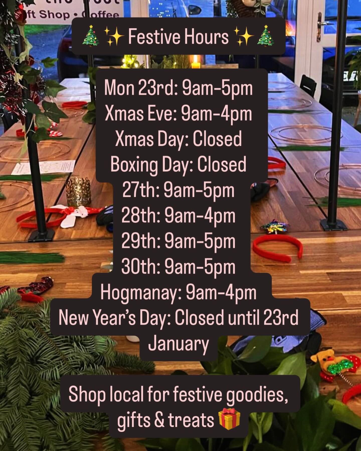 Festive Opening Hours at Turnip the Beet 🎄✨
Here are our festive hours so you can plan your visits and stock up on all your favourite goodies:
23rd Dec: 9am–5pm
Christmas Eve: 9am–4pm
Christmas Day: Closed
Boxing Day: Closed
27th Dec: 9am–5pm
28th Dec: 9am–4pm
29th Dec: 9am–5pm
30th Dec: 9am–5pm
Hogmanay: 9am–4pm
New Year’s Day: Closed until 23rd January
Pop in and fill your baskets with festive treats, hampers, last-minute gifts and deli favourites — thank you so much for supporting our wee deli & coffee shop this year, and have a very Merry Christmas and a Happy New Year! 🎅✨
🎄🎁🎅🥳
#turnipthebeet #killearn #westhighlandway #festivehours #merrychristmas