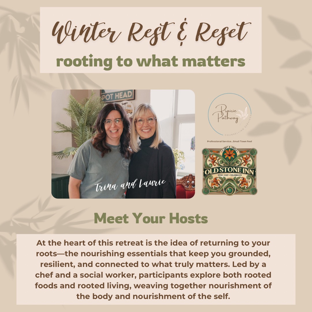 🌿 WINTER REST & RESET 🌿
Soil to Soul · Rooting Into What Matters
🕤 Doors open at 9:30 a.m.
📅 January 10 | 10–4
📍 The Old Stone Inn
💫 $150/person
Come hungry. Leave grounded.
I’m co-hosting this full-day winter retreat with Trina Battersby of Prairie Pathways Services because starting 2026 frazzled is overrated.
Trina will be guiding us through real, practical ways to ground yourself in this chaotic world—how stress shows up in your body, how to steady your nervous system, and how to build emotional resilience that actually holds up in real life.
I’ll be doing what I do best—feeding you well and talking about rooted living through food: sourcing local, connecting with growers, eating seasonally, and adopting a homesteader’s mindset that nourishes both body and land.
Expect:
🍲 tons of nourishing food & drink throughout the day
🧠 grounded mental-health tools you can actually use
🧘♀️ gentle movement woven in
🎁 thoughtful swag bags
📖 recipes + take-home wellness info
This isn’t a hustle retreat.
It’s a get-your-footing-before-the-year-runs-you-over retreat.
✨ Want to make it a getaway?
3 cozy guest rooms available — queen beds + private bathrooms.
🌱 Soil to Soul. Root into what matters.
Limited spots. Tickets available on the website: www.oldstoneinn.ca/event-list