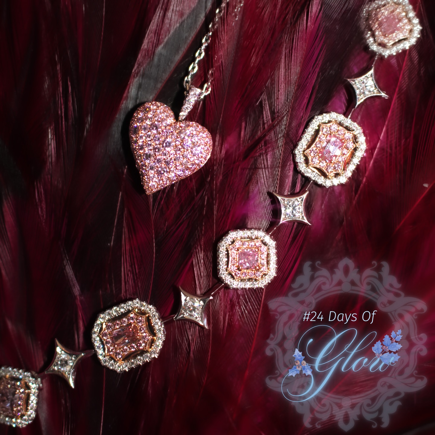 The glitz, the glamour, the drama — Day 23 of #24DaysofGlow is ripe with amorous Fancy Pink Diamonds. A darling Fancy Light Pink Argyle Pave Diamond Heart necklace (with a surprise on the back) and a stunning bracelet with alternating radiant and princess cut Fancy Intense Purplish Pink and Fancy Intense Pink Diamonds with a double halo of even more Pink and White Diamonds, along with star-motif links in between. This is jewelry at its most enticing! Bring glamour to any party with these exquisite Pink Diamonds.
#jewelryadventcalendar #jewelrygifts #pinkdiamond