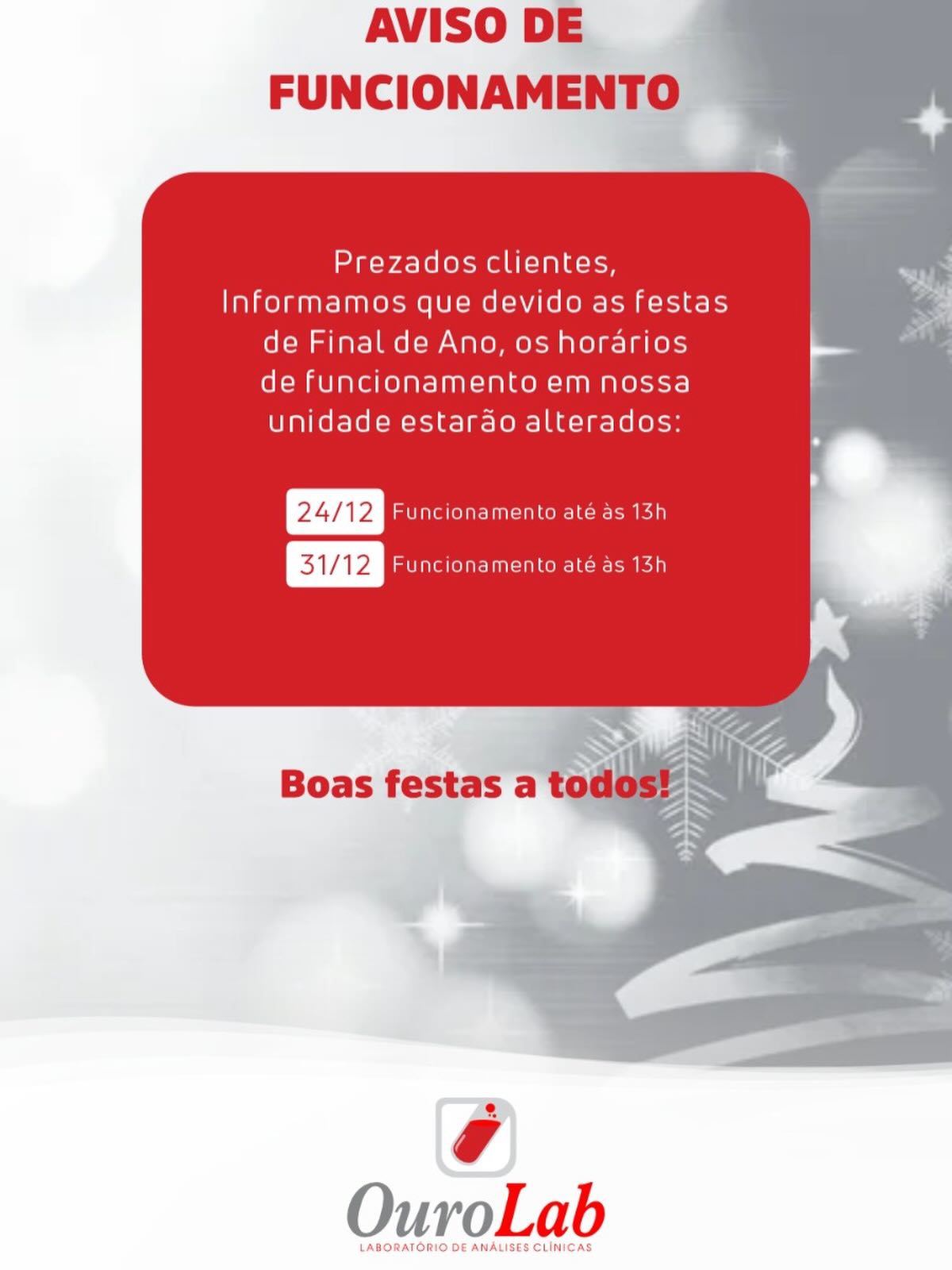 AVISO DE FUNCIONAMENTO
Prezados clientes,
Informamos que devido as festas de Final de Ano, os horários de funcionamento estarão alterados:
✅24/12 (quarta-feira) funcionará até às 13h.
❌25/12 Fechado
✅26/12 Funcionamento normal
✅31/12 (quarta-feira) funcionará até às 13h.
❌01/01/2026 Fechado
✅02/01/2026 Funcionamento normal
Boas festas a todos!
Para solicitar mais informações ou orçamentos entre em contato com nossa central de atendimento:
Central de Atendimento:
📱 7498110-9924 ( Ligação/ WhatsApp )
💻laboratorioourolab.com.br