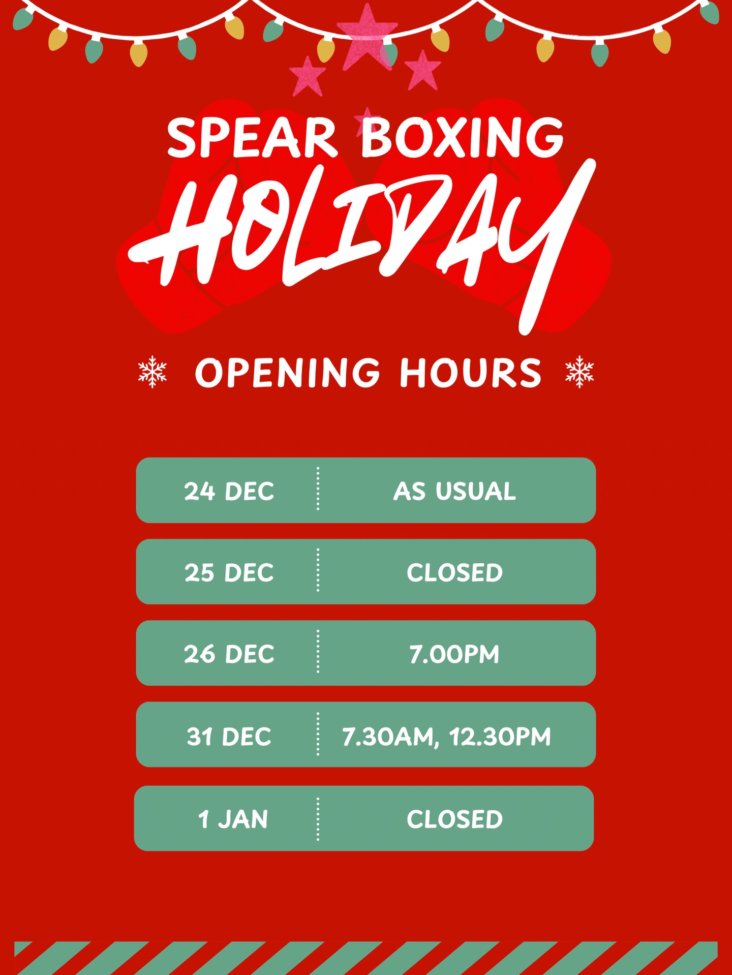 Spear Boxing wishes you a Merry Christmas and Happy New Year! 🎄🎉 We will be closed this Christmas and New Year’s Day. Take note of our adjusted classes during times during this festive season. See you soon!
