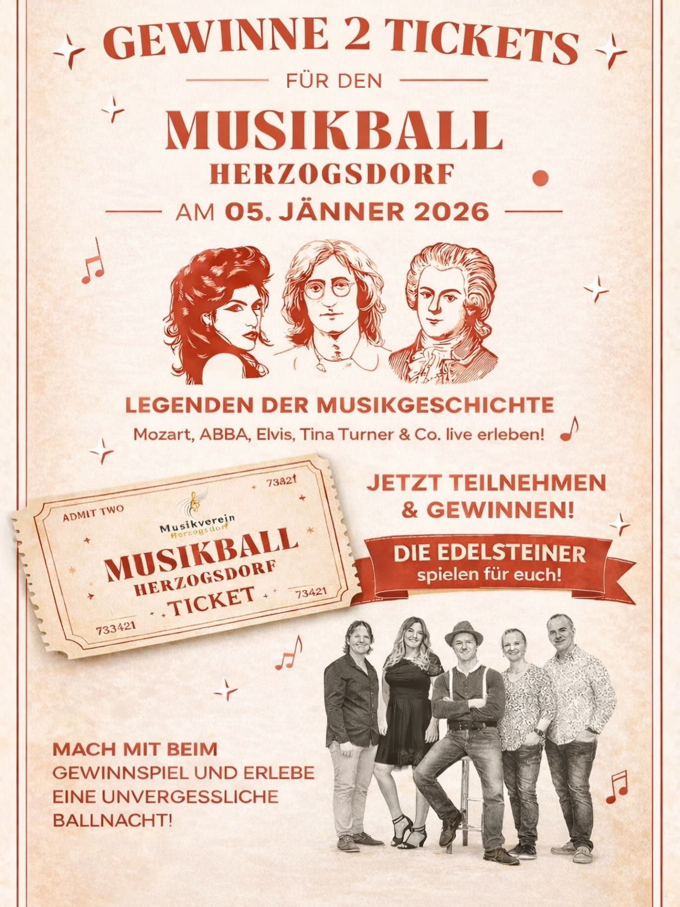 🎭✨ GEWINNSPIEL – 2× Tickets für den Musikball ✨🎶
Wir verlosen 2 Tickets für unseren Musikball 🕺💃
So bist du dabei:
1️⃣ Like diesen Beitrag
2️⃣ Kommentiere, als was du zum Musikball verkleidet kommst 🎭
3️⃣ BONUS: Teile diesen Beitrag in deiner Story und markiere uns – das gibt dir ein Extra-Los 🍀
⏰ Teilnahmeschluss: 1. Jänner 2026- 12.00
🎟️ Der/die Gewinner*in wird per DM benachrichtigt.
Viel Glück & wir sind gespannt auf eure Kostüme! 🔥🥳