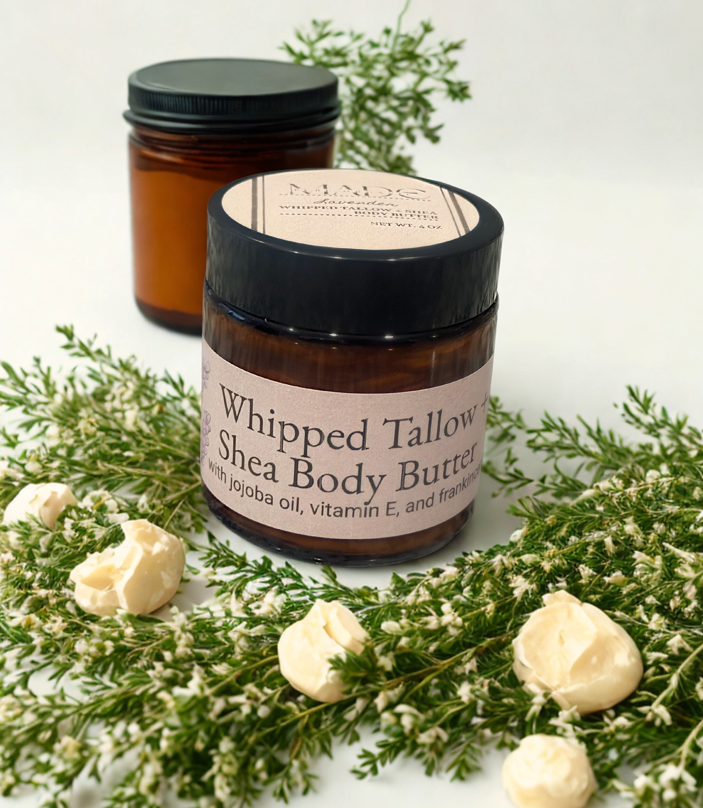 Our formula is a harmonious fusion of five exceptional ingredients, each selected for its unique benefits and synergistic properties:
* Grass-Fed & Finished Tallow: The star of our body butter, tallow offers unparalleled compatibility with our skin’s biology. Rich in fat-soluble vitamins (A, D, E, and K) and essential fatty acids, it mimics the natural lipids found in healthy human skin, allowing for deep penetration and intense moisturization without a greasy residue. It helps restore the skin’s barrier, promoting elasticity and a youthful glow.
* Organic Shea Butter: Sourced for its high concentration of natural vitamins and fatty acids, shea butter is renowned for its incredible healing and moisturizing capabilities. It provides a creamy texture and delivers anti-inflammatory properties, soothing dry, irritated skin and helping to soften scars.
* Golden Jojoba Oil: Technically a liquid wax, jojoba oil is incredibly similar to our skin’s natural sebum. This makes it an exceptional regulator of moisture, helping to balance oil production while providing a non-comedogenic (non-pore-clogging) burst of hydration that the skin readily absorbs.
* Organic Castor Oil: A potent humectant, castor oil draws moisture to the skin, offering a protective barrier that prevents water loss. Its anti-inflammatory properties further enhance the butter’s ability to soothe and calm the skin, while its rich texture adds a beautiful, silky finish.
* Natural Vitamin E: A powerful antioxidant, vitamin E is essential for protecting the skin from environmental stressors and free radical damage. It also acts as a natural preservative for our formula, ensuring freshness and efficacy while promoting an even skin tone.
* Pure Lavender Essential Oil: Infused for its timeless, calming aroma, lavender not only offers a serene, spa-like experience but also provides natural anti-inflammatory and antiseptic benefits, making it perfect for soothing the skin and the senses before bedtime.
#madepureorganic #tallowandshea #naturalbodybutter #nontoxicskincare #nontox #nochemicalshere #iowa #organicbeautyproducts