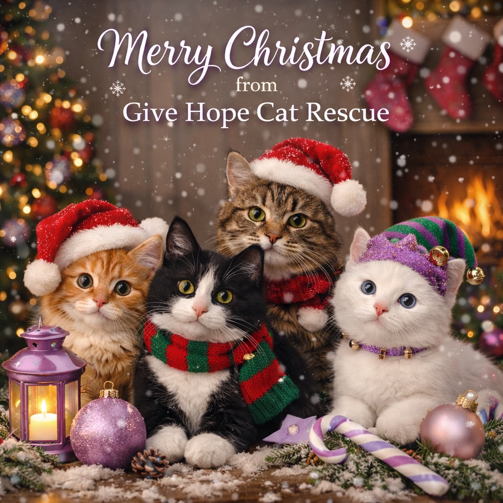✨🐾 Merry Christmas from all of us at Give Hope Cat Rescue 🐾✨
This holiday season, we’re grateful for our incredible
community, our dedicated fosters and volunteers, and every life saved because of your support.
May your home be filled with love, warmth, and a few extra purrs this Christmas. 💜🎄
#MerryChristmas
#GiveHopeCatRescue
#RescueCats
#AdoptDontShop
#CatRescueLove
#HolidayPurrs
#savinglivestogether