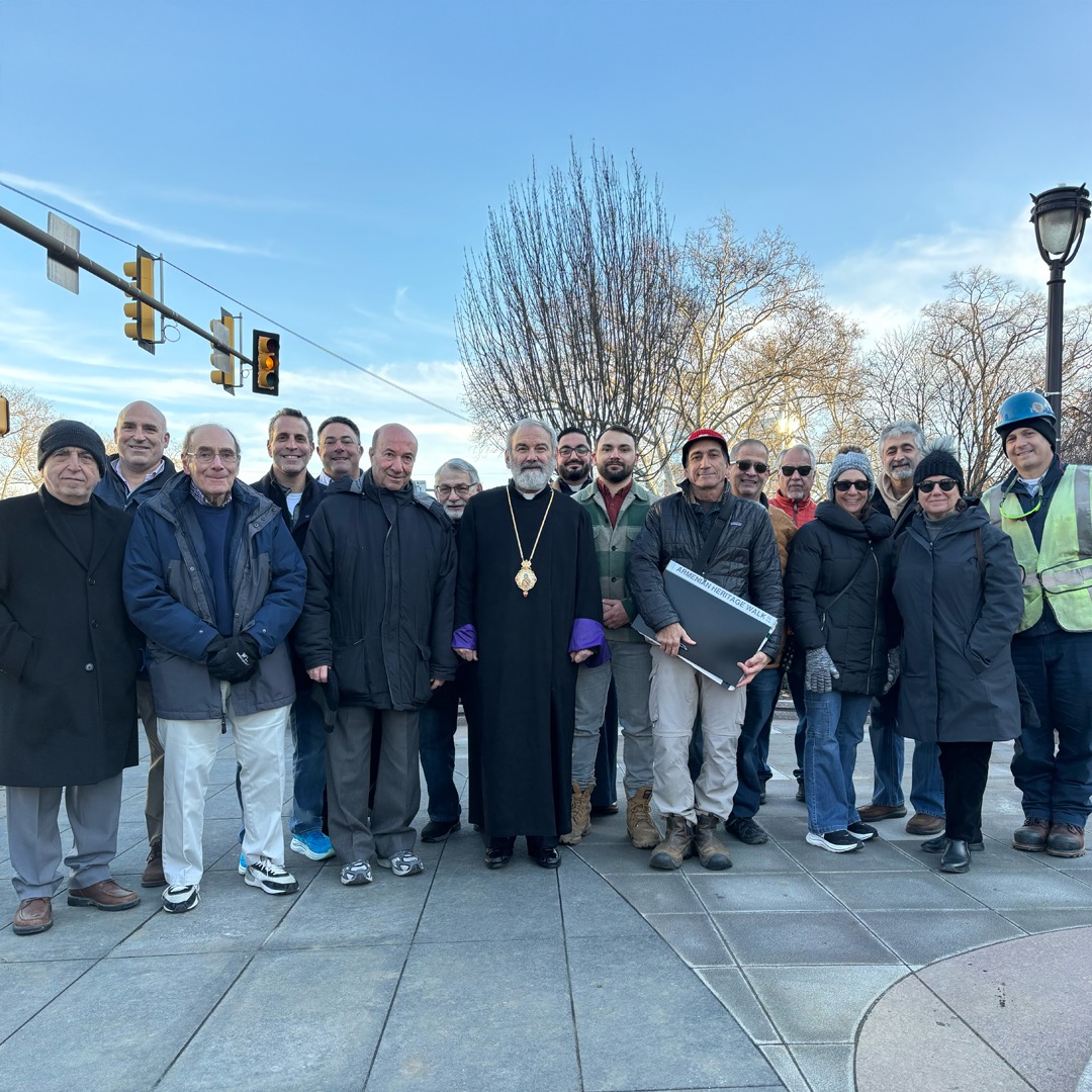 His Eminence Archbishop Anoushavan, Prelate of the Eastern Prelacy, along with leaders from St. Gregory the Illuminator Armenian Apostolic Church, Philadelphia, was warmly welcomed by members of the Armenian Heritage Walk Board for a guided tour of the project. During his visit, His Eminence strolled the Walk and took in the many thoughtful details carefully woven into the design. He admired the more than 60 boulders procured from Armenia that line both sides of the walkway, each distinct in color, size, and geometry, and meticulously positioned.
Reflecting on the experience, His Eminence shared:
“I feel so proud that I made this visit to the Armenian Heritage Walk. I’m deeply impressed because there are so many details which come not only from the mind of the architect, but also from the heart. It’s filled with love. It’s filled with vision.”
Although the day was bitterly cold, the visit was warmed by a profound sense of unity, along with the heartfelt words and blessing offered by His Eminence.
He continued:
“This is indeed not a job, but a mission. It’s a sacred mission… God saw that it was good. I say that whatever you are doing is indeed great, with a capital ‘G.’!”
Read full story on our website.
#armenianheritagewalk
#armenianculture
#armenianculturematters
#bishopmesrop
#philadelphiaarmenianheritage
#youngmeherstatue
#armenianheritage
#artistsofphiladelphia
#philadelphiaartmuseum
#armenianheritagephilly
#armenianpride
#armenianhistory
#statuesofphiladelphia
#khorenderharootian
#philadelphiaartswalk
#artmuseumphiladelphia
#philidelphiaparks
#philadelphiaparkway