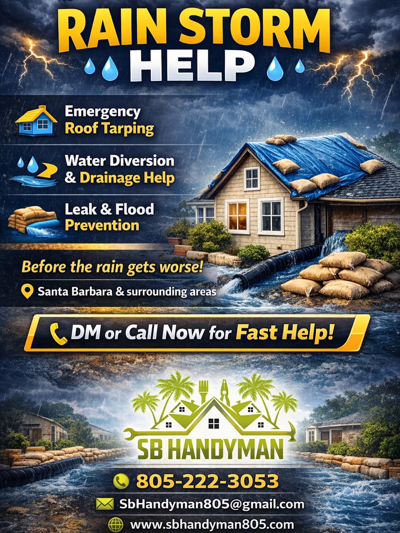 🌧️ Rain’s coming down hard, Santa Barbara.
If water is going where it shouldn’t, SB Handyman has your back.
✅ Emergency roof tarping
✅ Water diversion & drainage help
✅ Temporary leak & flood prevention
⏰ Don’t wait until the damage gets worse.
📞 805-222-3053
📩 DM us for fast response
#handyman #handymanservices #santabarbara