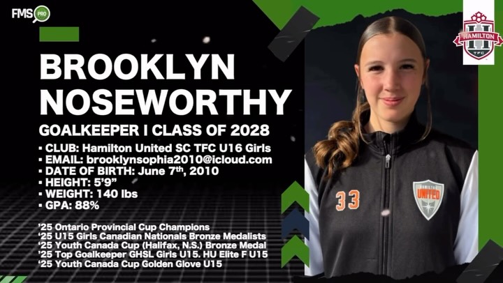 Brooklyn Noseworthy Highlights Out Now🚨
Brooklyn had a fantastic 2025, both individually and with her team. He was the top goalkeeper at the Youth Canada Cup and also helped Hamilton United to a bronze medal. Ontario Cup Champion this fall as well, and went on to get a bronze at nationals as the starting keeper. She shows excellent agility and reactions to get across the goal quickly to make key stops. When making a diving save, she gets up and sets herself very well for the next action. Her distribution with feet is strong, especially from open play where she proved to be able to play splitting passes into her central midfielder. Deals with high crosses and bouncing balls very well. She is the type of goalkeeper you would want on set pieces.