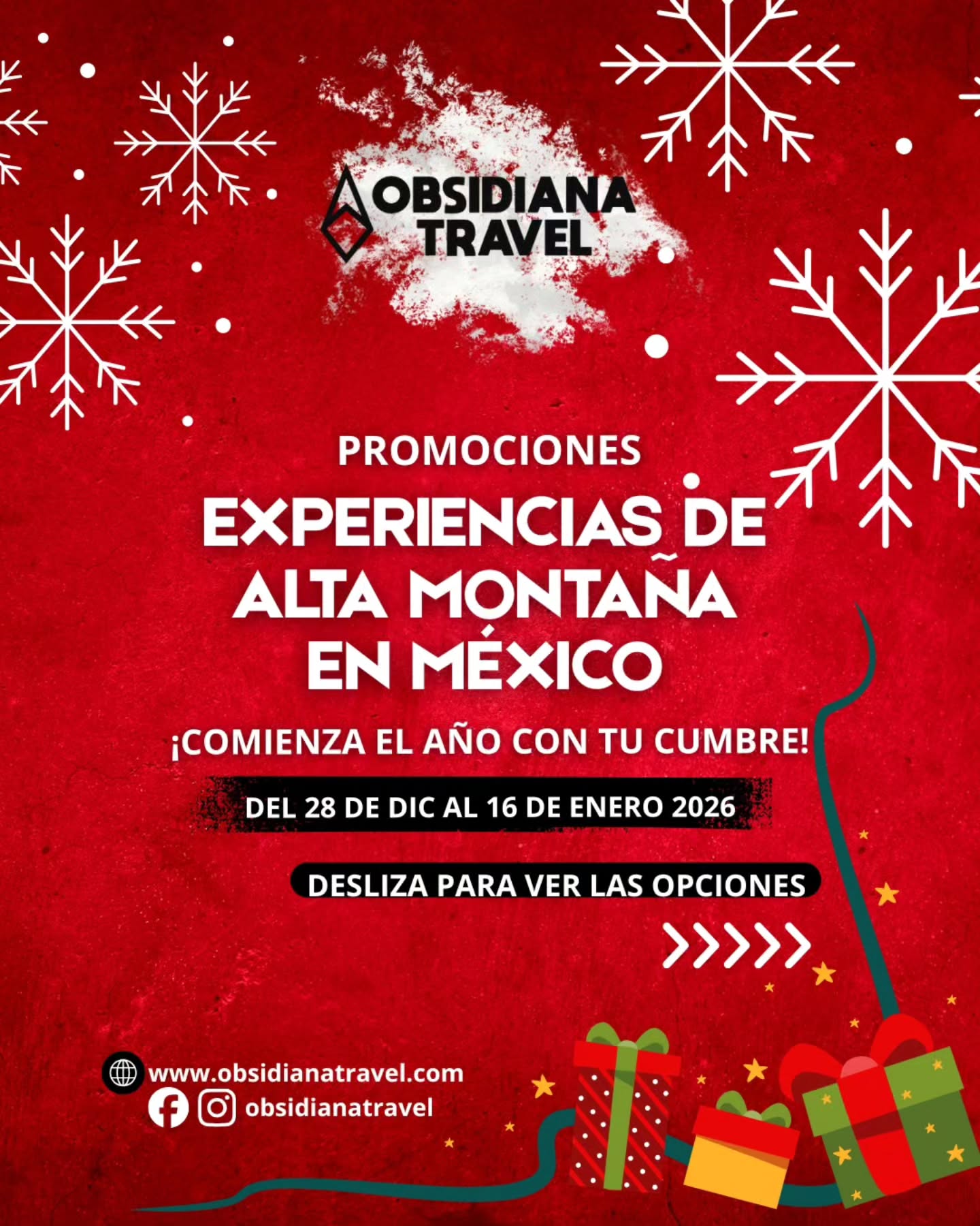 🏔️ ¡Comienza el Año en la Cumbre! MEGA PROMOCIÓN AÑO NUEVO con Obsidiana Travel 🧗♀️
¡Es momento de cumplir tus propósitos de altura! Este inicio de año, transforma tus sueños en realidad con descuentos exclusivos para conquistar los volcanes más emblemáticos de México.
⚠️ ¡Promoción válida del 28 de DICIEMBRE al 16 de ENERO de 2026!
🔥 Las Cumbres que te esperan con Precios de Año Nuevo:
• Pico de Orizaba (Avanzados): De ~~$7,500 MXN~~ a $6,700 MXN. 🚨¡Ahorra $800!🚨
• Iztaccíhuatl (Avanzados): De ~~$4,700 MXN~~ a $4,100 MXN. 🚨¡Ahorra $600!🚨
• Amanecer en La Malinche (Principiantes): De ~~$2,500 MXN~~ a $2,000 MXN. 🚨¡Ahorra $500!🚨
• La Malinche (Principiantes): De ~~$1,800 MXN~~ a $1,500 MXN. 🚨¡Ahorra $300!🚨
✨ ¿Cómo asegurar tu aventura y el descuento? ¡Es muy fácil!
ELIGE TU RETO: Revisa las fechas disponibles en nuestras imágenes y envíanos un mensaje para confirmar disponibilidad.
ASEGURA TU LUGAR: Realiza un pago inicial del 50% de tu promoción vía Transferencia Bancaria o Depósito.
¡LISTO! Tu descuento está aplicado y tu lugar garantizado para empezar el 2026 en la cima.
¡IMPORTANTE! Esta promoción es SOLO VÁLIDA HASTA EL 16 DE ENERO de 2026. ¡No dejes pasar más tiempo, los lugares se agotan rápido!
🚫 Condiciones Clave: • Aplica pagando el 50% de anticipo exclusivamente por transferencia bancaria o depósito. • Válido únicamente para reservas realizadas del 28 de dic al 16 de ene de 2026. • Todas las rutas requieren preparación física. • Promoción no acumulable con otros descuentos. • Una vez resevado no hay cambios ni devoluciones
👇 Envía DM o WhatsApp para reservar ahora mismo antes de que se acaben los cupos:
📱 +52 55 1963 4006 🌐 www.obsidianatravel.com
#ObsidianaTravel #AñoNuevo2026 #MontañismoMéxico #PicoDeOrizaba #Iztaccíhuatl LaMalinche Aventura SenderismoMéxico Cumbre2026
