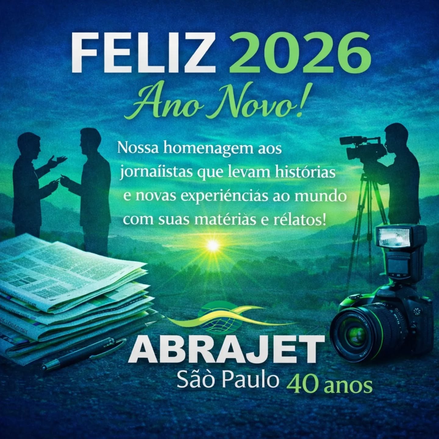 ✨ Feliz 2026! ✨
Celebramos um novo ano homenageando os jornalistas que transformam palavras em caminhos, matérias em memórias e histórias em experiências que conectam pessoas, destinos e culturas.
Que 2026 seja repleto de boas pautas, novas descobertas e narrativas que continuem inspirando o mundo.
ABRAJET São Paulo – 40 anos 💙💚✒️