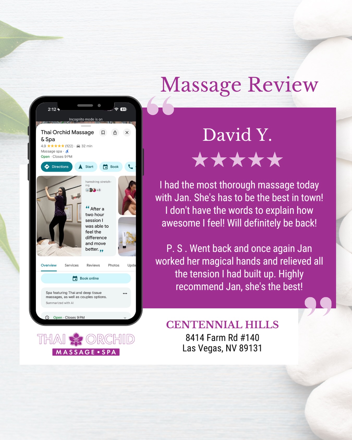 There is no better feeling than walking out of a massage feeling like a brand-new person! โจ
We are so incredibly proud of Jan for consistently delivering โmagicalโ results for our clients. David came in with built-up tension and left feeling awesomeโso much so that heโs already joined us for a second visit!
Whether youโre dealing with daily stress or deep-seated muscle tension, Jan and our talented massage therapists at Thai Orchid Massage & Spa are here to help you find relief.
As David says: โShe has to be the best in town!โ ๐
Come experience the magic for yourself. We are located right here in Centennial Hills!
(725) 259-6295
www.ThaiOrchidMassageSpa.com
๐ 8414 Farm Road Suite 140
Las Vegas, NV 89131
๐ธ๐ธ๐ธ๐ธ๐ธ๐ธ๐ธ๐ธ๐ธ๐ธ
#CentennialHills #LasVegasMassage #VegasSpa #SelfCareVegas #MassageTherapy