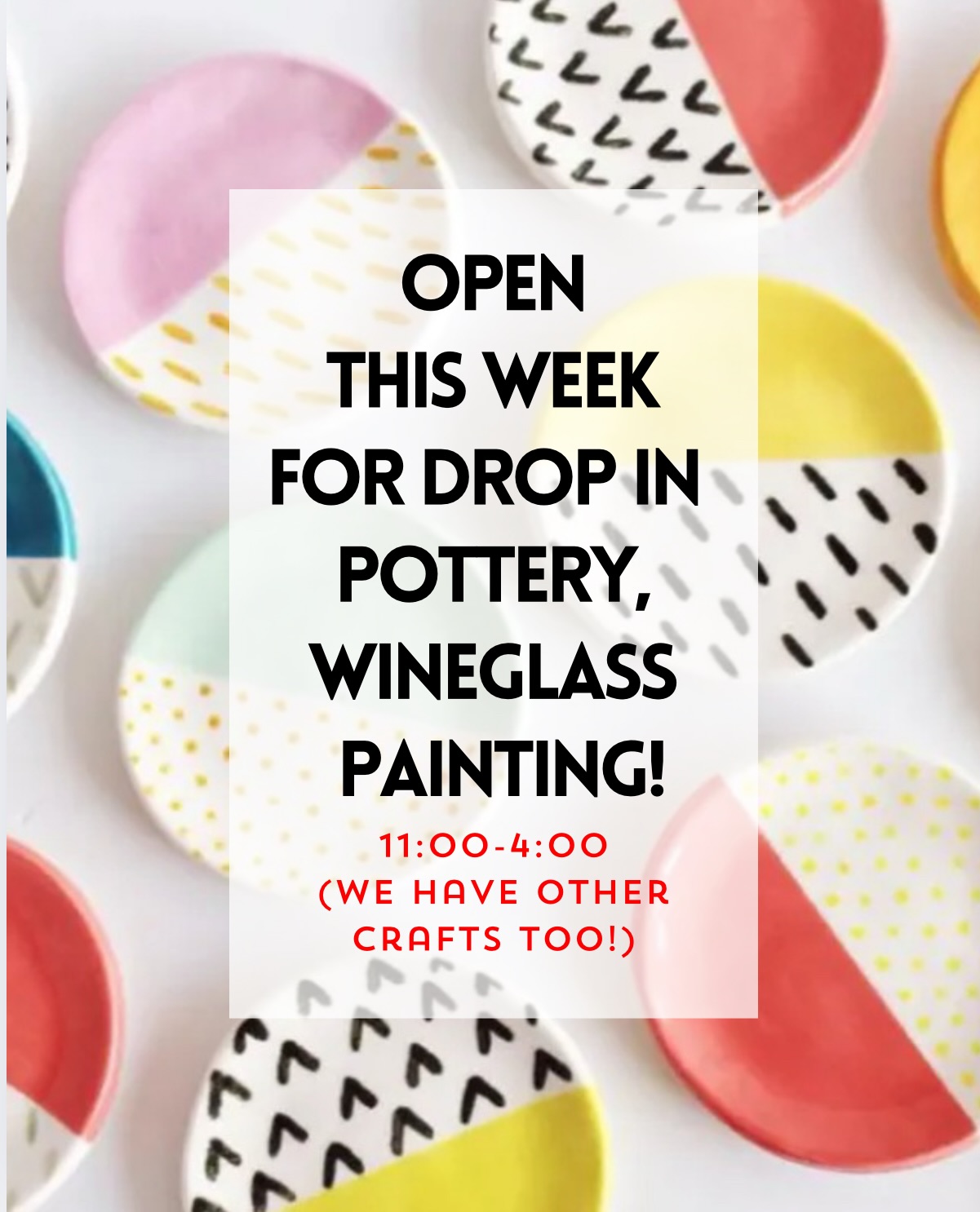 Join us for some creative fun at the studio this week! We are open every day from 11-4, so stop by and make something wonderful!🎨💛😊