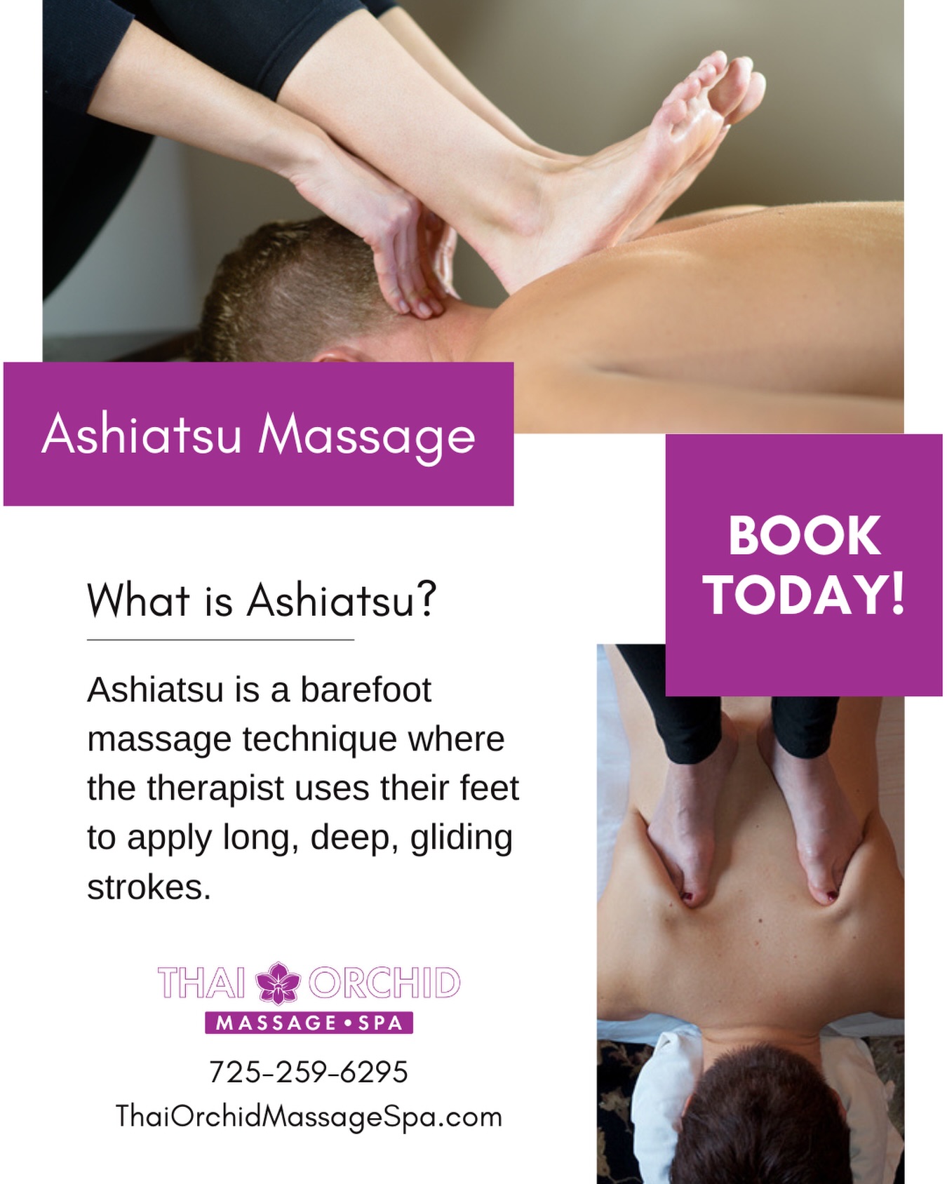 Experience the deep relief of Ashiatsu! ๐ฆถ
Try our Ashiatsu massage today at Thai Orchid Massage & Spa in Centennial Hills, Las Vegas.
๐๐ปโโ๏ธ What is Ashiatsu? Ashiatsu is a barefoot massage technique where the therapist uses their feet to apply long, deep, gliding strokes, providing broad, consistent pressure that feels incredible.
Book your Ashiatsu massage today and step into deep relaxation!
(725) 259-6295
www.ThaiOrchidMassageSpa.com
๐ 8414 Farm Road Suite 140
Las Vegas, NV 89131
๐ธ๐ธ๐ธ๐ธ๐ธ๐ธ๐ธ๐ธ๐ธ๐ธ
#wellnessthatworks #ashiatsu #vegasweekend #summerlinlasvegas #lasvegasnevada