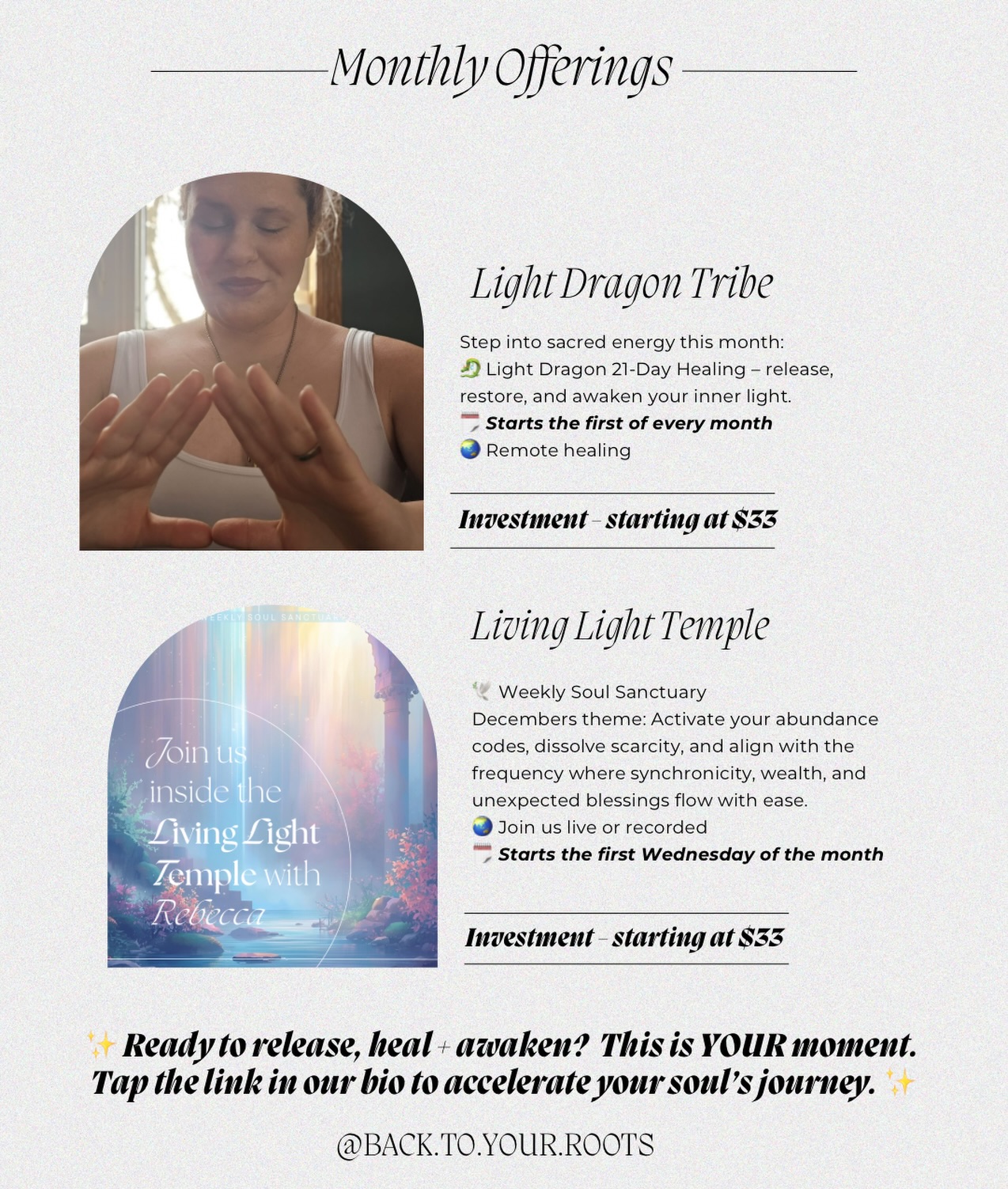 In the midst of everyday life, your soul is always inviting you back into presence… into softness… into the light. ✨🎆
🛕Living Light Temple is a monthly live call held on the first Wednesday of each month, with each gathering guided by a new energetic theme — offering reflection, activation, and gentle realignment.
🐉Light Dragon begins on the first of every month and runs in the background as ongoing energetic support. You can hop in at any time to receive extra healing, integration, and subtle frequency work woven into your days.
Both offerings are pay-what-you-can starting at $33/month, created to be accessible, supportive, and deeply nourishing.
If you feel the pull… trust it. ✨
Your light knows the way.
Join us — link in bio 🤍🐉
