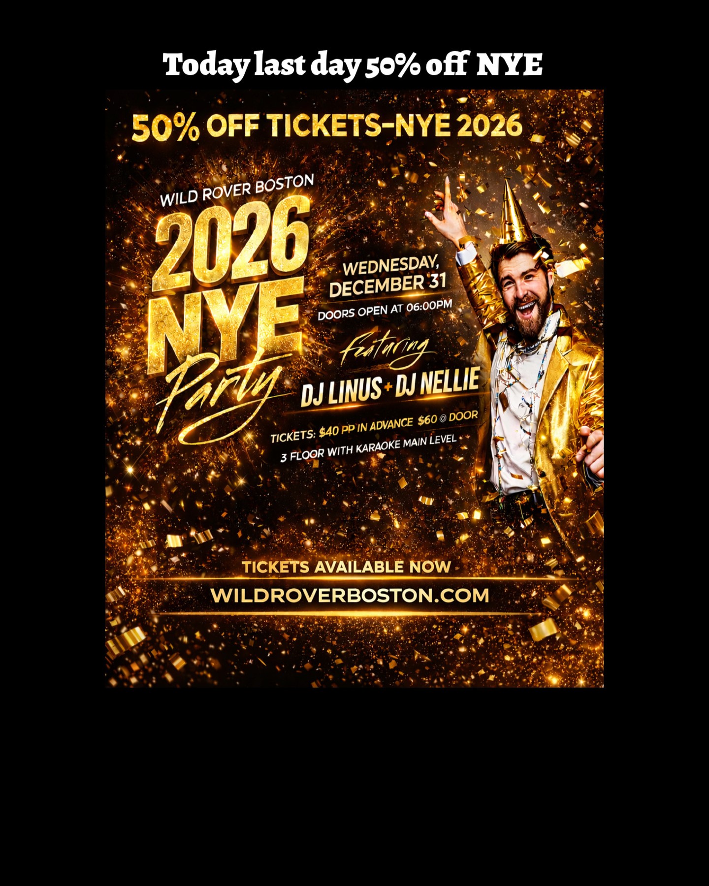 Don't miss out! Today is the final day to enjoy an incredible 50% discount on all NYE specials. This exclusive offer ends tonight, so make sure to take advantage before it's gone. Celebrate the New Year with amazing savings and great deals. Shop now and save big! #NYESale #HalfOff #LastDay