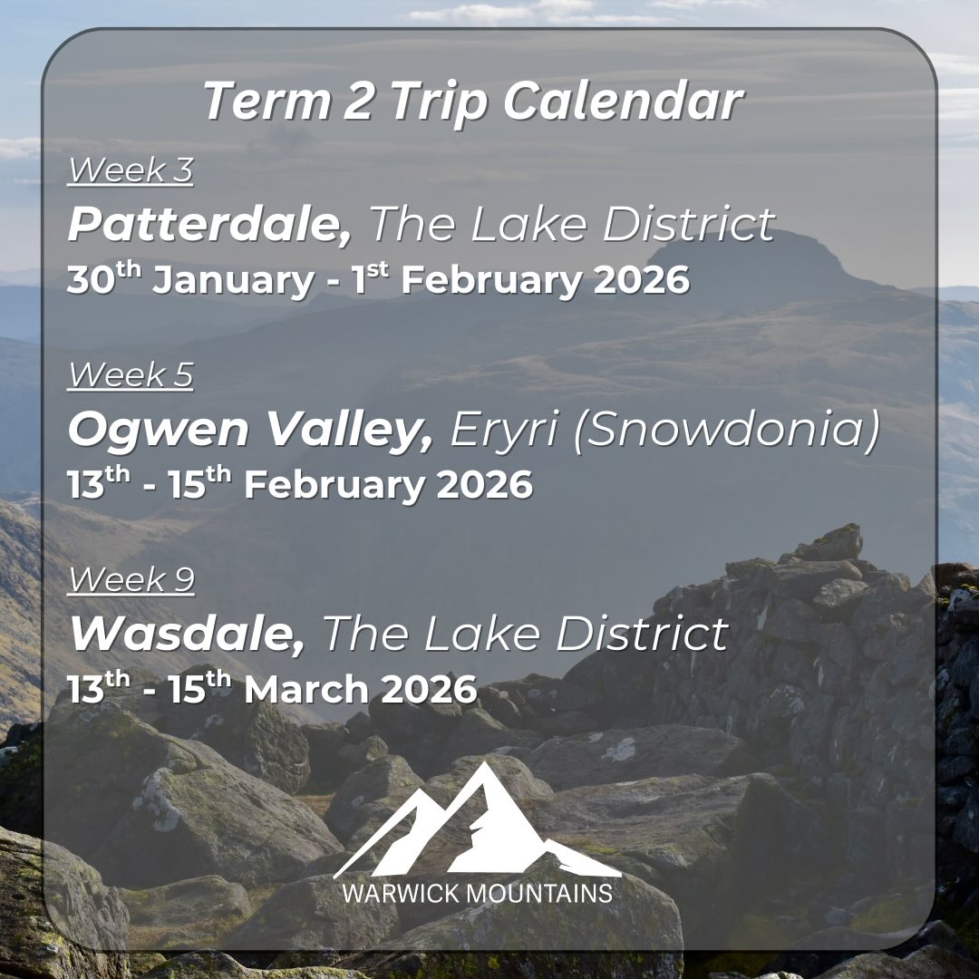 ‼️IT’S CALENDAR TIME ANEW‼️
Hello Mountaineers, yes the title has given it away, once again it’s time to get your diaries out!
⛰️This term we will be splitting our time between stunning Snowdonia & the fabulous Lake District.⛰️
All trips this term are open only to members, so please buy your membership if you want to join us (and believe me you do!).
We hope to see lots of you joining us on our various adventures over the next few months.
All that remains to say is I hope you have all had a Merry Christmas, and of course a Hapoy New Year!
See you in the Mountains 🧡🧡