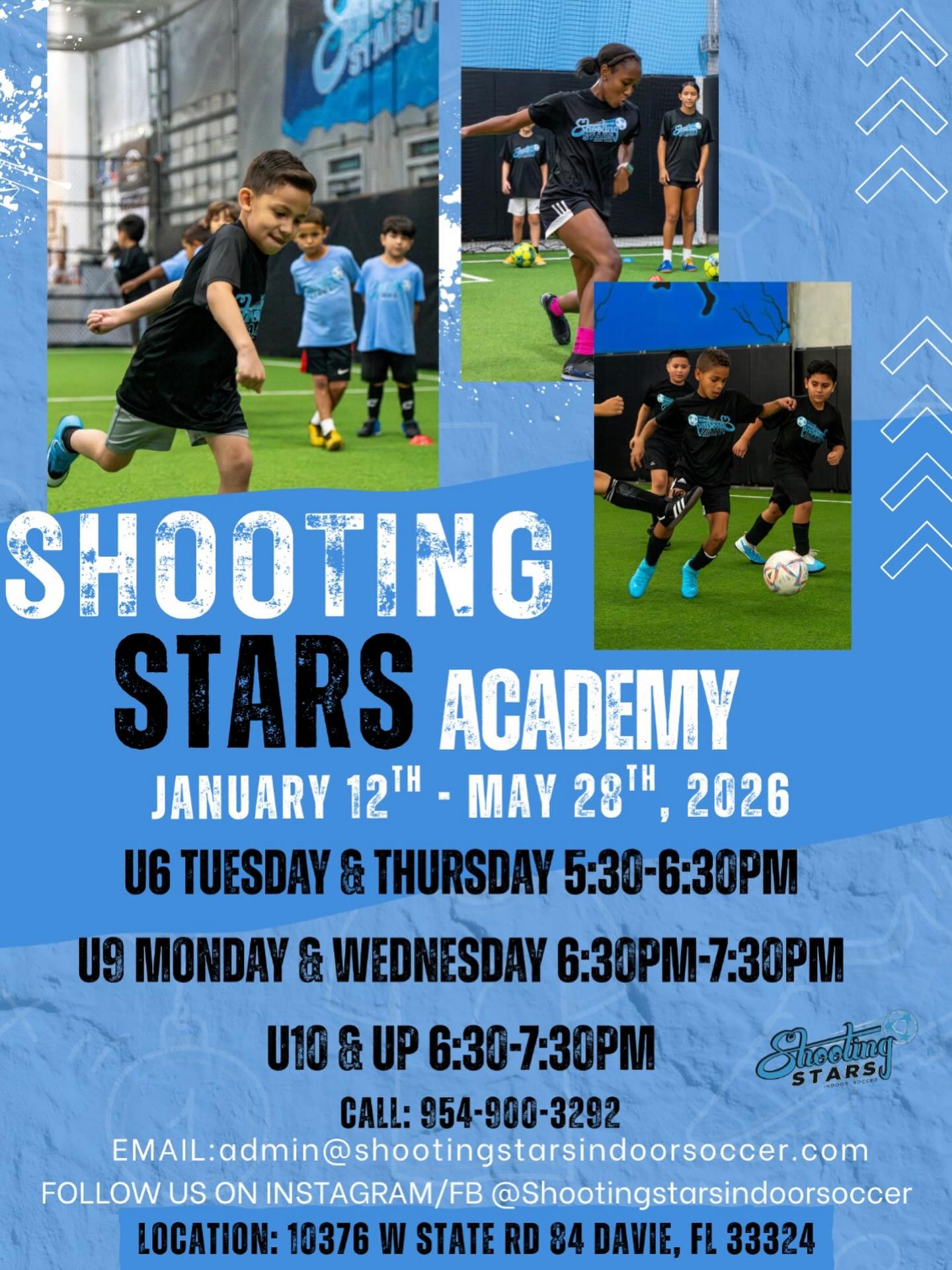 🚨 New Soccer Season Starting January 12th.
Beginners. Intermediate and advanced players.
Practice will be twice a week; focused on pure development and soccer games to follow.
Call now 954–900-3292 or email 📧 admin@shootingstarsindoorsoccer.com
#shootingstars