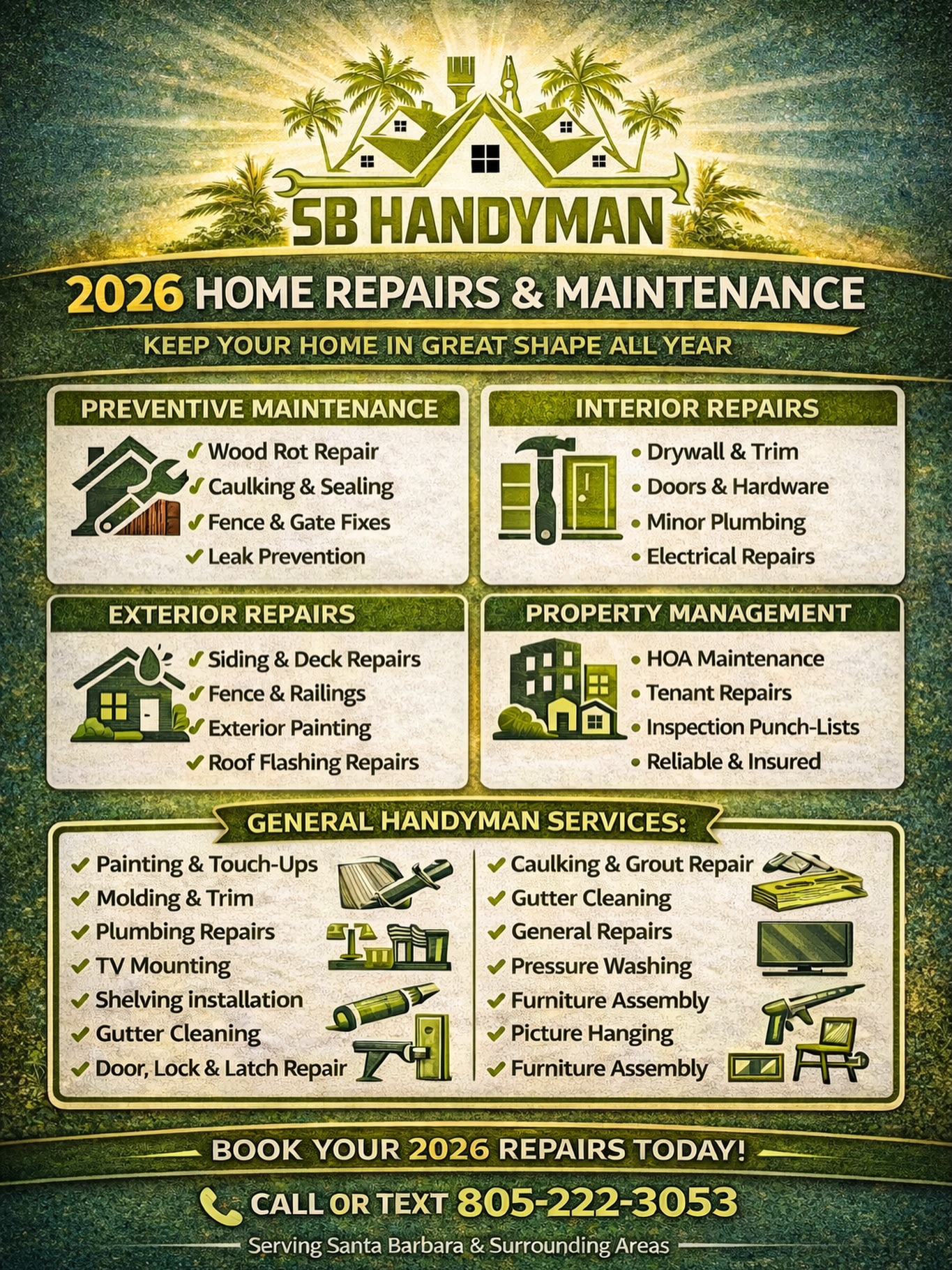 Reliable handyman repairs for 2026. From small fixes to ongoing home and property maintenance, we handle repairs cleanly, professionally, and the right way the first time. Serving Santa Barbara with honest work and dependable service.
#SBHandyman #HandymanSantaBarbara #SantaBarbaraHandyman #HomeRepairs #PropertyMaintenance