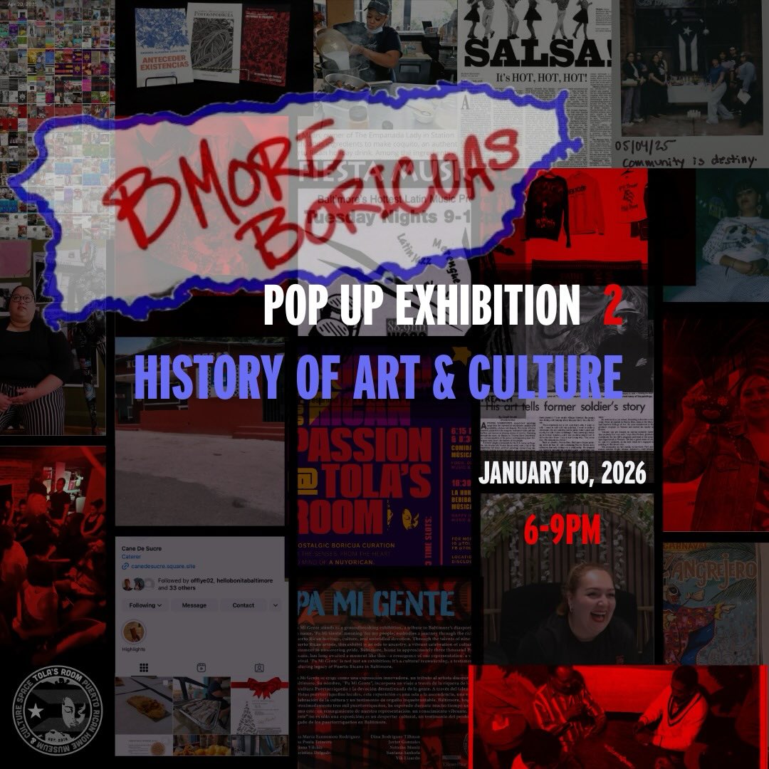 ✨ BmoreBoricuas Pop-Up Exhibition 2: History of Art & Culture ✨
Join us for an intimate house party + pop-up exhibition honoring the rich history of Baltimore’s Puerto Rican art & culture 🇵🇷 Timed to close out the Puerto Rican holiday season around Día de los Reyes 👑, this night celebrates the enduring contributions of Boricuas to Baltimore’s creative and cultural landscape.
There will be…
🎙️Live performances
🎞️ Art + film installations
🗂️Interactive memory-archiving activities
🥥Pasteles & Coquito
Saturday, January 10
6–9 PM
📍 Private location (address shared after ticket purchase)
More info 🔗
#BmoreBoricuas
#PuertoRicanCultureBaltimore
#TolasRoom