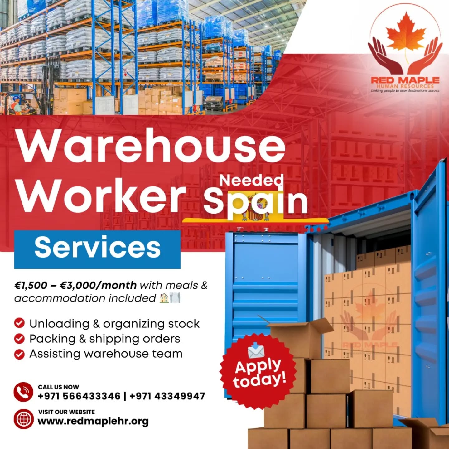 Warehouse Workers needed in *Spain* 🇪🇸
*Earn €1,500 – €3,000/month* with *meals & accommodation included* 🏠🍽️
Join a supportive team and build a stable future in Europe.
Apply now and take your next step abroad! 🚀
#spainjobs #warehousejobs #workinspain #europejobs #jobabroad