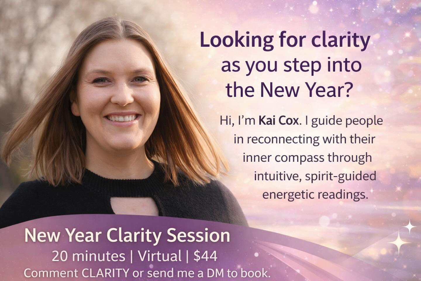 Looking for clarity as you step into the New Year?
If you’ve been feeling foggy, stuck, or unsure of your next steps, it may be time to clear some energetic clutter.
Hi, I’m Kai Cox. I guide people in reconnecting with their inner compass through intuitive, spirit-guided energetic readings.
✨ To welcome the New Year, I’m offering a 20-minute virtual Clarity Session for new clients.
💫 $44 | Virtual
No experience needed — just openness to receiving guidance.
Comment CLARITY or send me a DM to book.