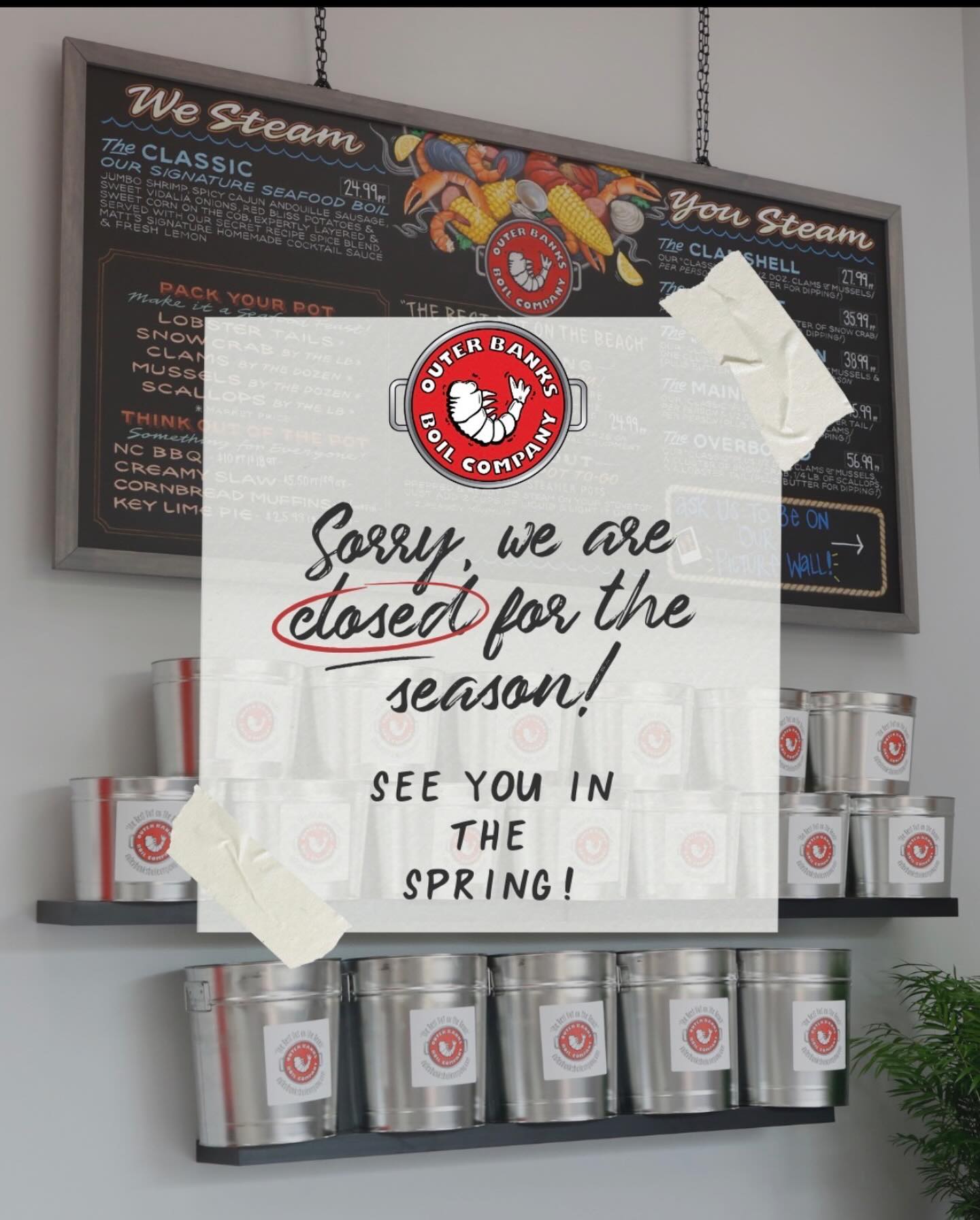 That’s a wrap for the season! 🌞
Outer Banks Boil Company is officially closed for takeout for the winter.
We’ll see you back in March — but catering is still available anytime! 🎉🦐