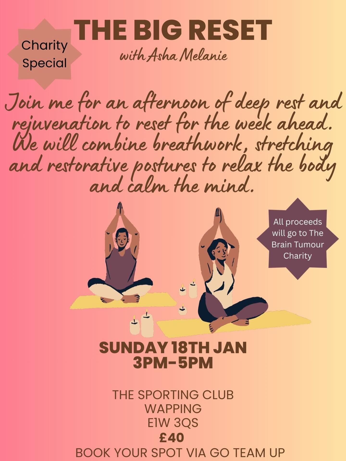 ✨NEW YEAR, SPECIAL RESET✨
Join me for a very special Big Reset on 18th January 2026 from 3pm-5pm @thesportingclubwapping. This one is a very special one for me, with all proceeds going to @thebraintumourcharity in memory of my late client and friend, Jason🕊️
This one will be my last one this quarter so if you have been wanting to join, now is the time. There at 6 spots remaining. Click the link in my bio to book. Hope to see you there🤗