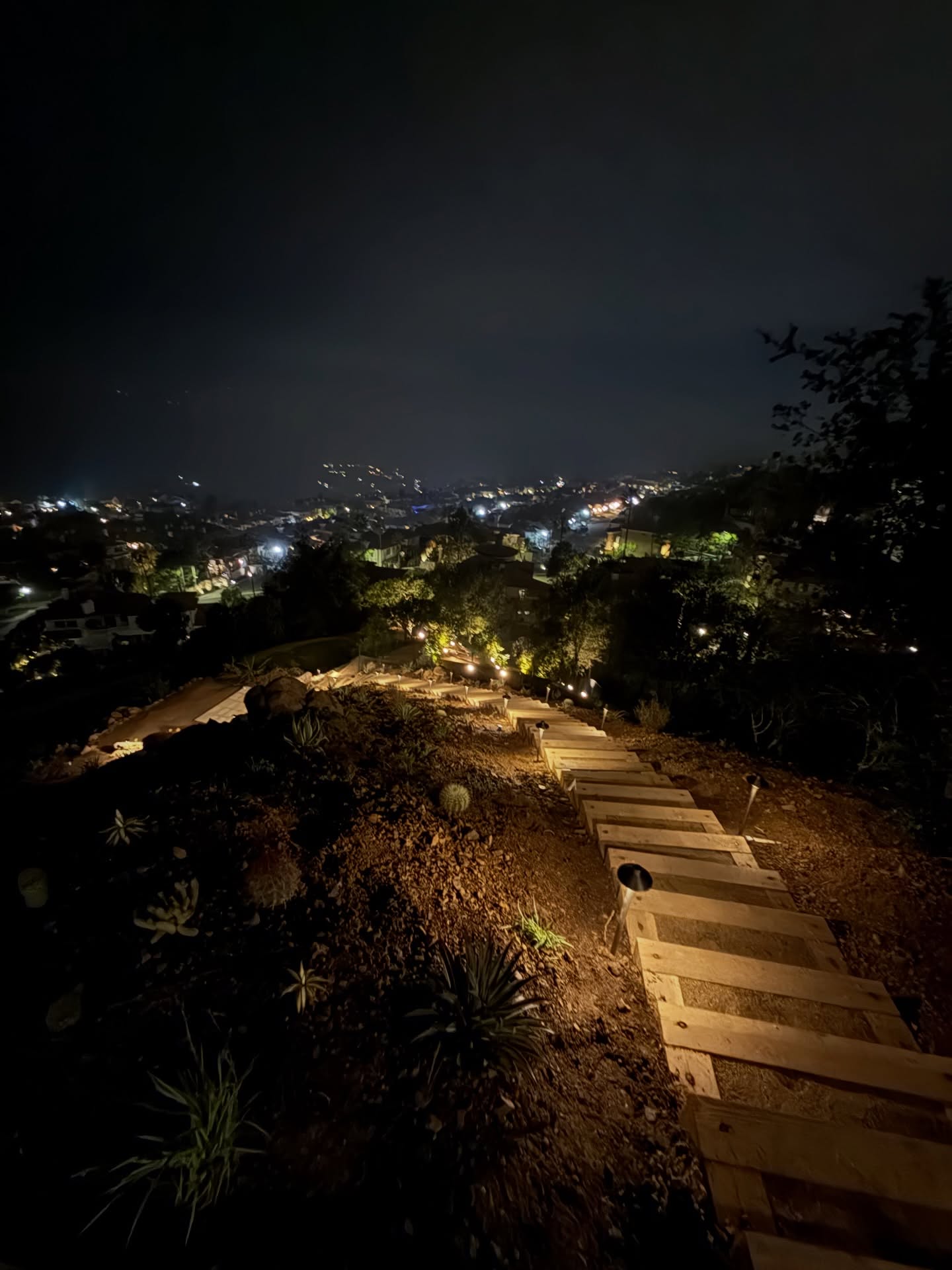 The view looking down from the top!
All built by hand. Everything carried up & down bucket by bucket & each step custom cut one at the time. The team did an amazing job! #projectpalisadeshighlands #landscape #customstairs #landscapelighting #virgodesignsandlandscaping