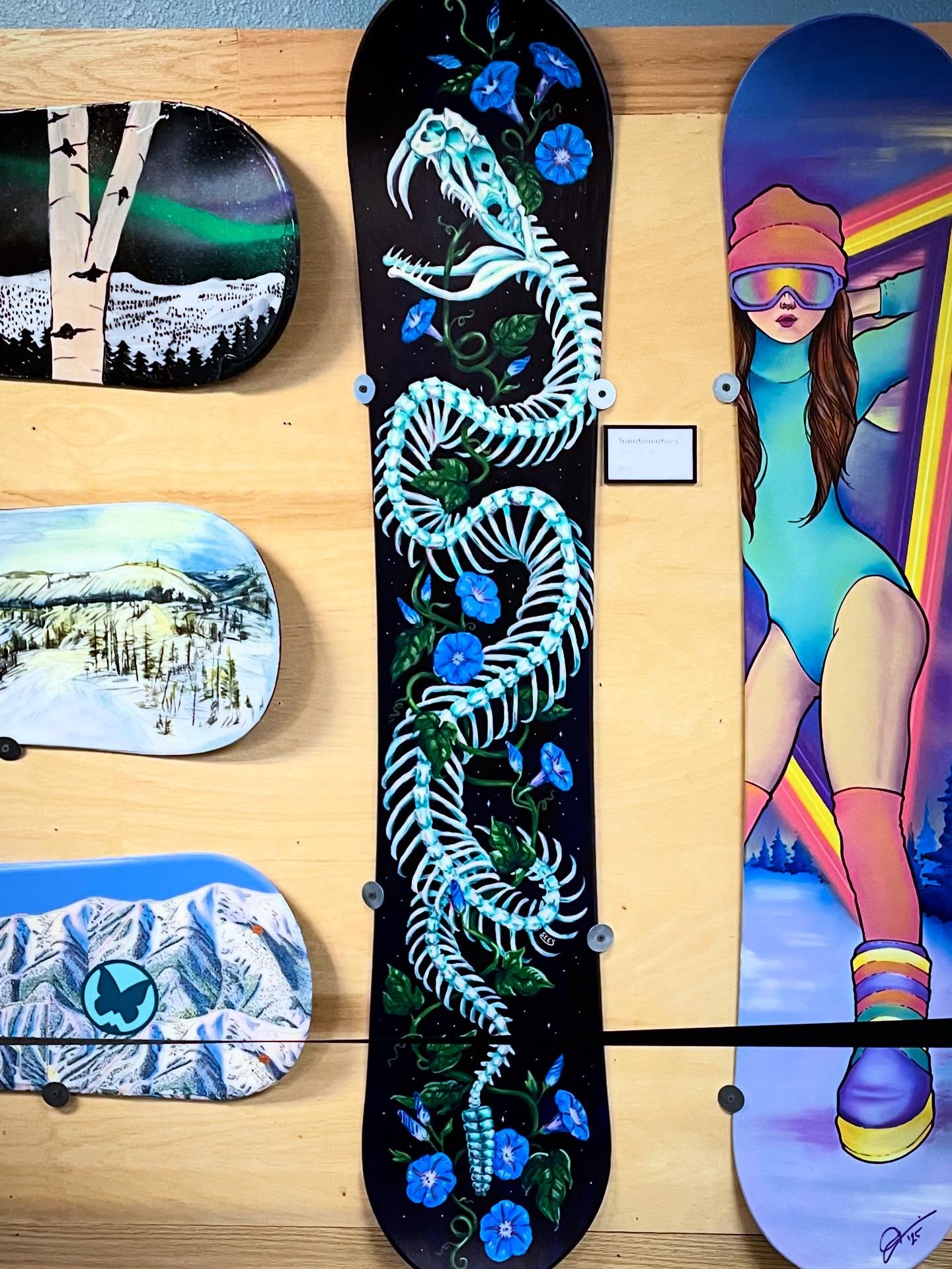 I realized I never posted a finished photo of my snowboard… Here it is! It’s up for sale at @monarchmountain along with a bunch of other super cool boards. Come to the mountain and check em out!
✨✨✨
I had a moment where I thought I should have done something more winter related, but this year of the snake has been incredibly pivotal for me. I needed to paint this one. The shedding of old habits and old ways of thinking while growing into the new is on point. I’ve tried a lot of new things this year. Completely changed my life in an attempt to just see what else is out there. This rattlesnake skeleton is surrounded by morning glories who represent the ephemeral nature of life and death. It hits home for me. I hope yall enjoy it too.
❄️❄️❄️
Still might do another snowboard that is more winter themed so it has a better chance of selling… we’ll see!