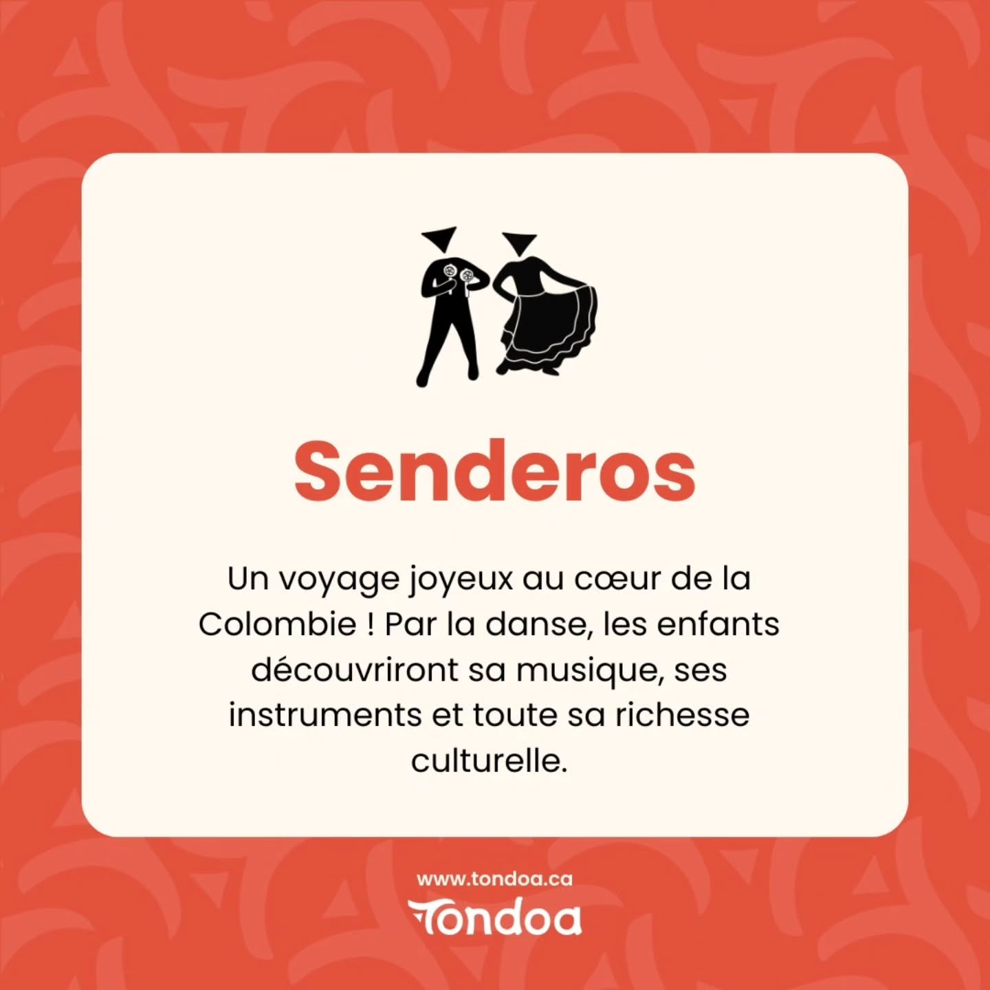 Cours pour enfants : Senderos ☀️
En route pour la Colombie ! Danse, musique et couleurs
Nous invitons vos enfants à un voyage joyeux et rythmé à travers la Colombie !
Les ateliers de danse Senderos, spécialement pour les enfants de 6 à 12 ans, sont une immersion ludique et sensorielle dans l’univers des danses traditionnelles colombiennes.
Au rythme des tambours, maracas et flûtes, les enfants découvriront :
✨ Les pas et mouvements des danses traditionnelles
✨ Les instruments et leur rôle dans la culture musicale
✨ L’histoire, les coutumes et les couleurs de la Colombie
Un espace bienveillant où chaque enfant apprend à son rythme, développe sa créativité et vit une expérience culturelle, artistique et corporelle unique.
#colombia🇨🇴 #canada #danza