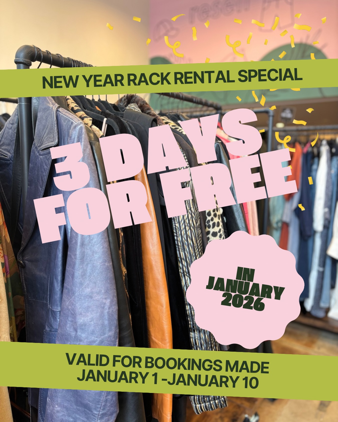 🎉 New Year, new rack! 🎉
Book a rack between Jan 1–10 and get 3 DAYS FREE on your rental ✨
♻️ Reservation must start in January 2026
Perfect time to clean out your closet + make room for new energy in 2026
Spots are limited!
#dresscue #rentarack #cleanoutyourcloset #newyearsspecial