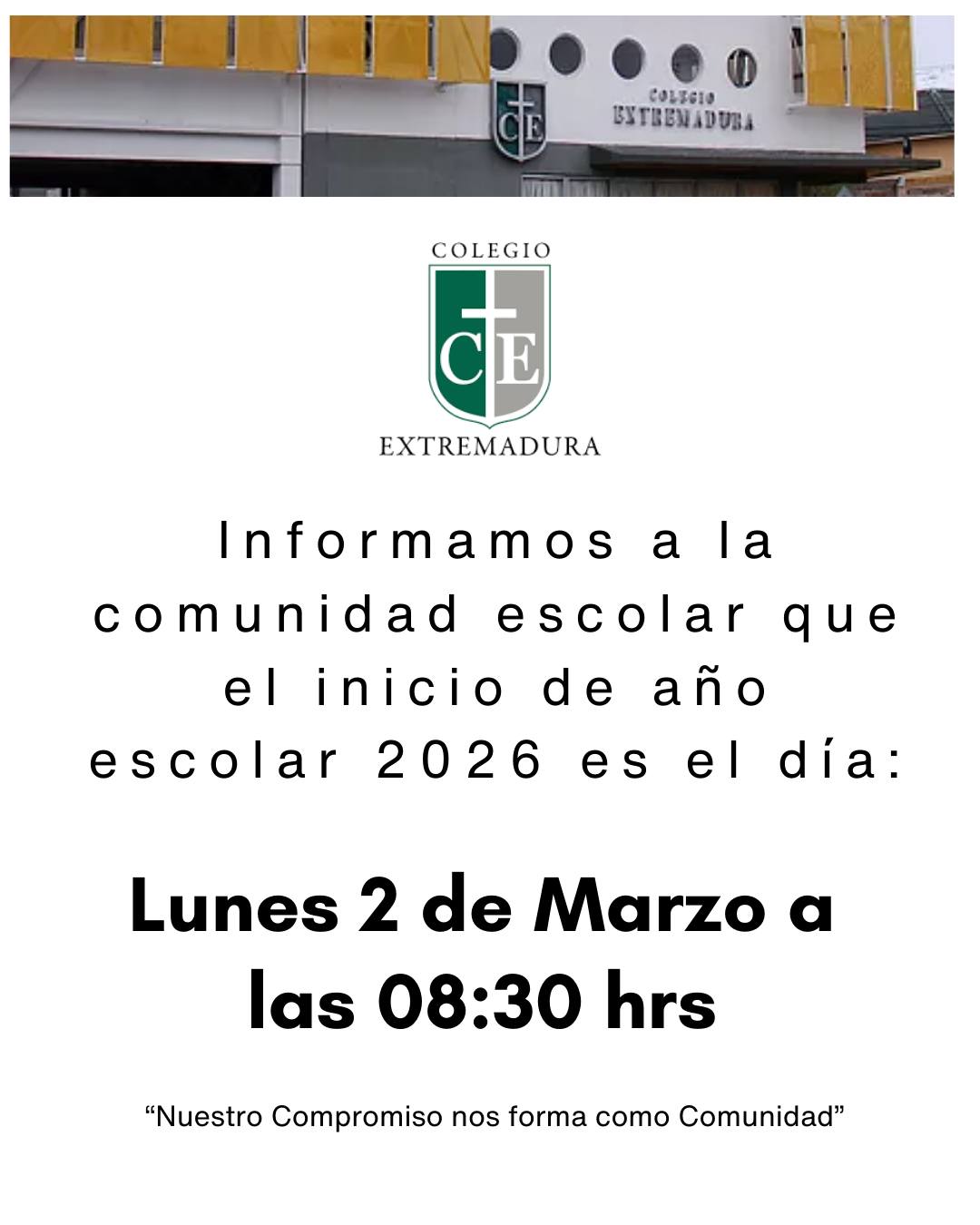 Estimada Comunidad Extremadura, informamos fecha de inicio año escolar 2026. Además ya se encuentran disponibles las listas de útiles y de lectura complementaria. Les deseamos a toda nuestra comunidad unas reponedoras vacaciones . Nos vemos en Marzo!
