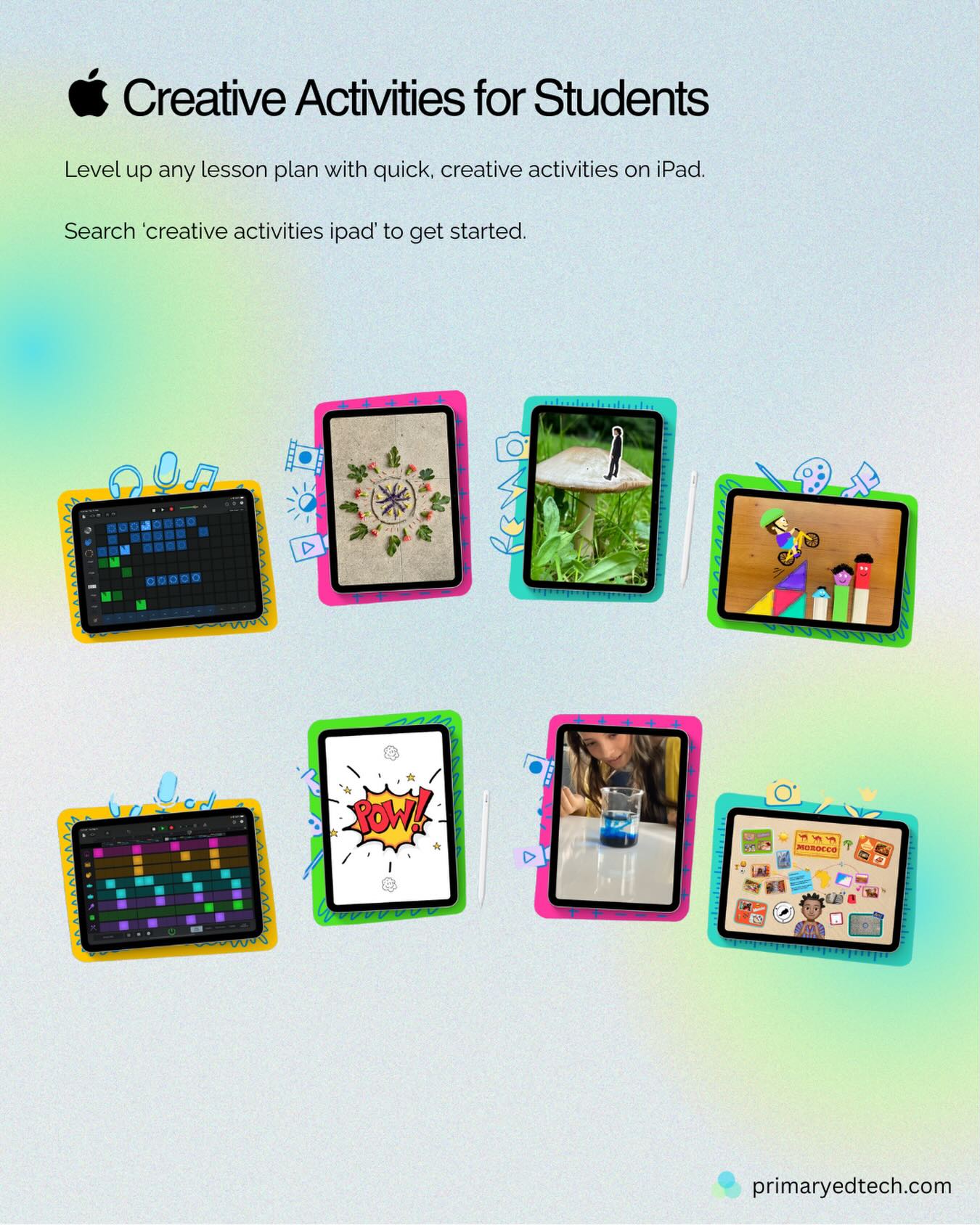 Need a quick way to add creativity to any lesson? 🎨🎬🎵
Apple’s Creative Activities for Students are packed with short, flexible ideas that work across subjects — perfect for warm-ups, lesson extensions, or fast finishers.
Activities include:
• Drawing, music & animation
• Photo & video challenges
• Reflection, storytelling & expression
• Low prep, high engagement
Just search “creative activities iPad” and dive in.
#edtech #primaryedtech #appleedu #ipadclassroom #creativeteaching