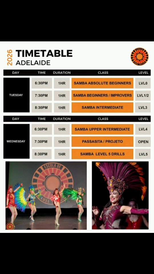 ✨ 2026 TIMETABLE ✨
6 levels of samba, from absolute beginners (no dance experience required) through to advanced.
Train with experienced instructors in a supportive, welcoming community that values integrity, technique, confidence, and connection.
Whether you’re starting fresh or continuing your journey, there’s a place for you with us in 2026.
8 WEEK TERM DATES
*Note absolute beginners courses start every 4 weeks
Term 1: Tues 13th Jan - Wed 4th Mar
Term 2: Tues 10th Mar - Wed 29th April
Term 3: Tues 5th May - Wed 24th Jun
Term 4: Tues 31st Jun - Wed 19th Aug
Term 5: Tues 25th Aug - Wed 14th Oct
Term 6: Tues 20th Oct - Wed 9th Dec