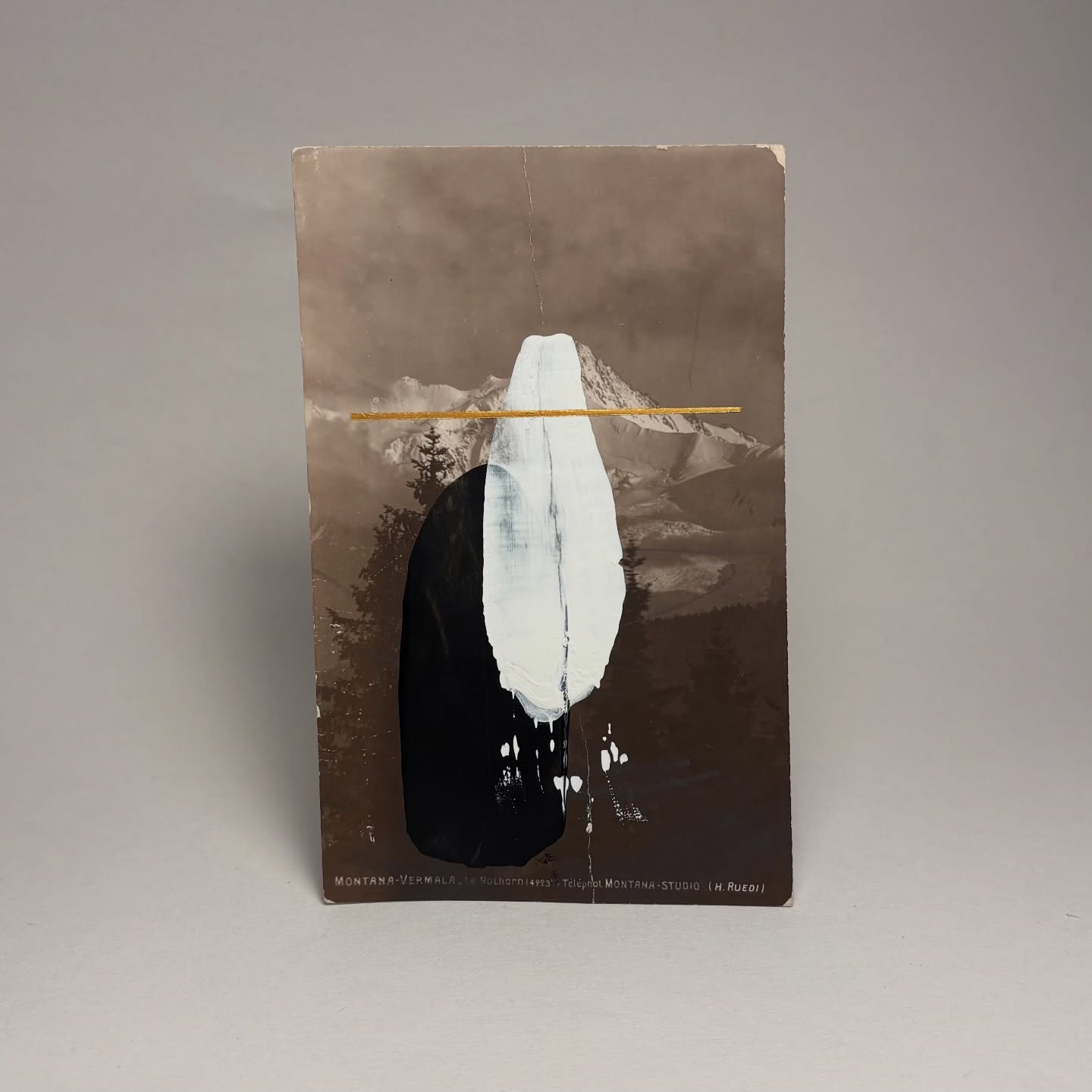 Mountain Spirit | Acrylic
Painted on a vintage postcard.
This work is more about presence. These shapes aren’t meant to recreate what’s printed on the card, but to respond to it—an abstract impression of the spirit that lives there.
Mountains hold memory, weight, and stillness. This piece is my attempt to listen to that and translate it through paint, letting intuition guide what emerges rather than the image itself.
A quiet conversation between past and present, surface and sensation.