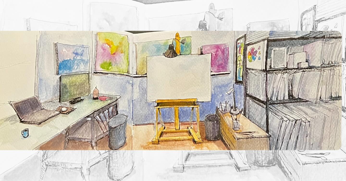 My studio- daily practice of Urban Sketching. #urbansketch #watercolourandink #artstudio