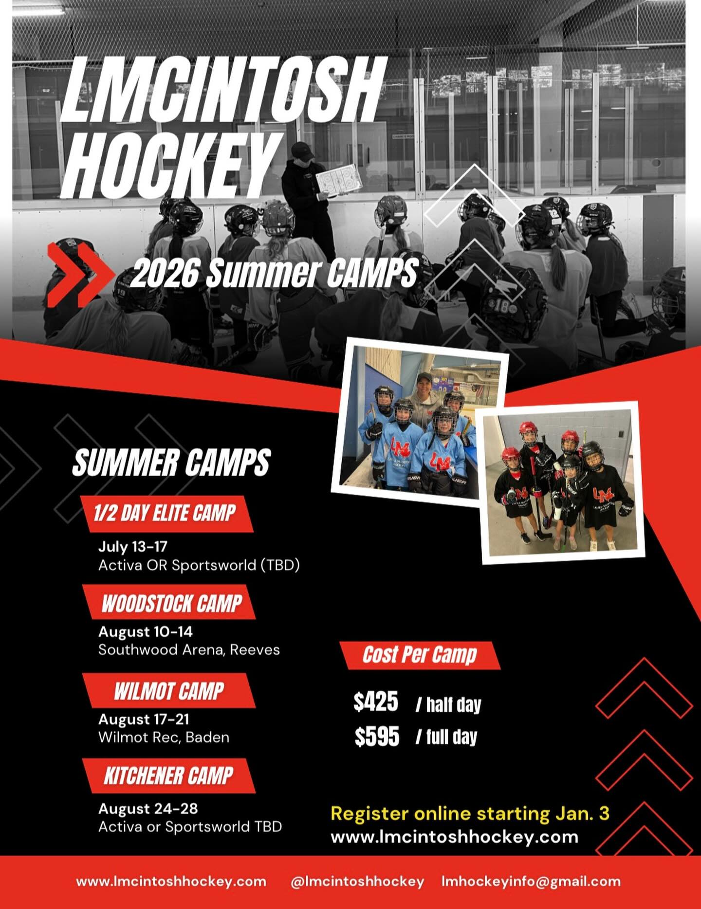 2026 LMcIntosh Hockey Summer Camp Registration: NOW OPEN
July 13-17– Kitchener 1/2 day Elite Camp
August 10-14– Woodstock Camp
August 17-21– Wilmot Camp
August 24-28– Kitchener Camp
REGISTER AT THIS LINK TO CLAIM YOUR SPOT:
https://www.lmcintoshhockey.com/summer-camps
Looking forward to another great summer with our athletes!