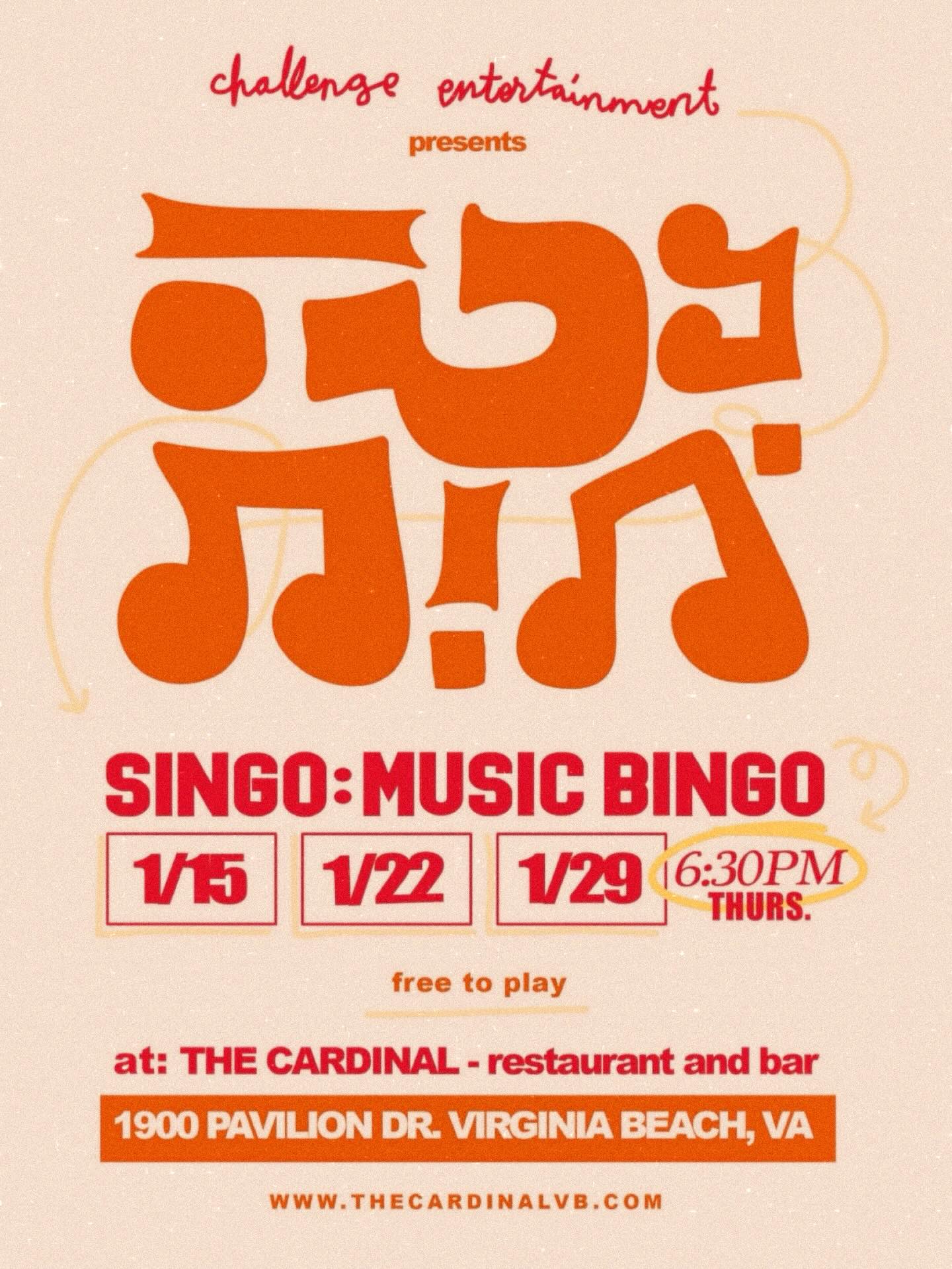 🌟 SINGO 🌟 IS 🌟 BACK 🌟
In case you haven’t been…
This is a new spin on the classic game of Bingo! Instead of listening for a number, listen to your favorite music and win great prizes! AND ITS FREE TO PLAY!
🏨 The Cardinal -Restaurant & Bar
(Located on the first floor of The Doubletree Hotel)
📍 1900 Pavilion Dr. Virginia Beach, Va 23451
⏰ Thursdays @ 6:30PM
Join us in celebrating with food, drinks and the coolest music bingo you’ve ever seen! Shout out to Challenge Entertainment & @vatrivia for blessing us with as much fun as a Cyndi Lauper and Hayley Williams tour!
#AintItFun #GirlsJustWantToHaveFun #VaTrivia #ChallengeEntertainment #TheCardinalVB #LiveAtTheCardinal #VBEvents #Music #Trivia #LetTheMusicPlay #TriviaNearMe #ThursdayGameNight