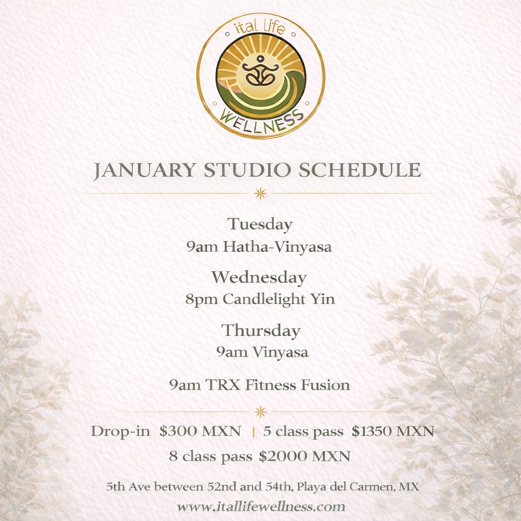 January at Ital Life Wellness 🤍
A steady rhythm.
Thoughtful movement.
Space to breathe.
Classes here are designed to support real bodies, real lives, and nervous systems that don’t need more pressure.
If you’re feeling called to move, to strengthen, or to soften… you’re welcome in this space.
#ItalLifeWellness #PlayaDelCarmen #PlayaYoga
#IntentionalMovement #CalmLiving