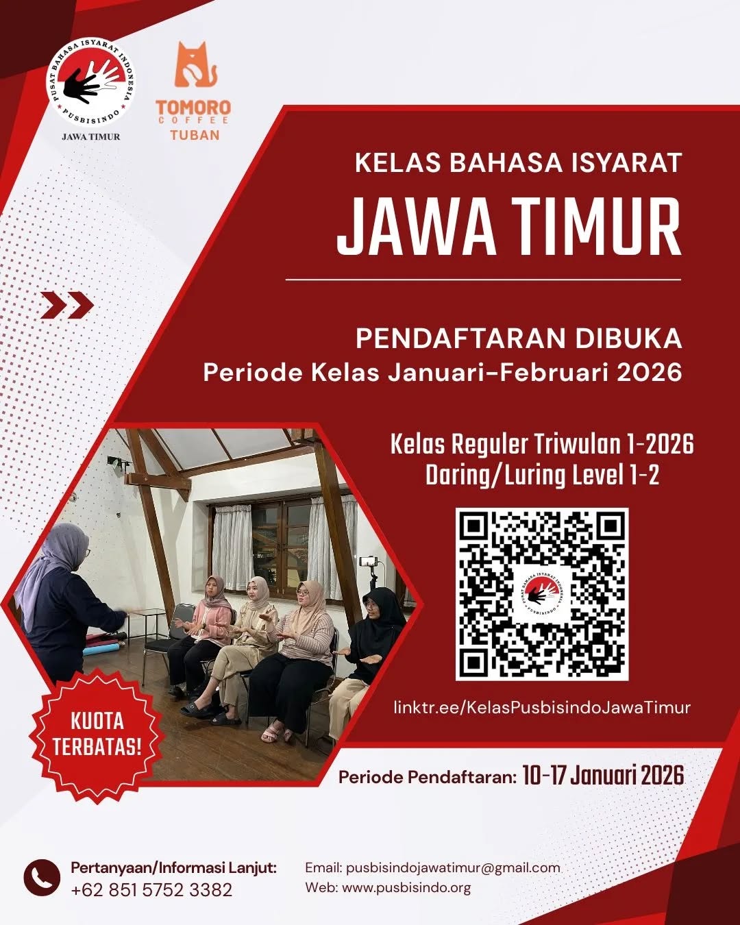 Hai, teman-teman di Jawa Timur! ๐โจ
Pendaftaran Kelas Bahasa Isyarat Reguler Triwulan 1 โ Level 1 & 2 telah dibuka kembali! Tersedia kelas daring dan luring. Kali ini, kami juga membuka kelas luring di Malang dan Tuban๐ฅณ
Yuk daftarkan dan rasakan pengalaman belajar baru. Kesempatan kamu untuk memahami Bisindo sambil praktik langsung bersama tutor Tuli.
๐ Periode Pendaftaran: 10 โ 17 Januari 2026
โก๏ธ Kuota terbatas! Pendaftaran dapat ditutup lebih awal apabila mencapai kuota.
Benefit yang Kamu Dapatkan
- 11x pertemuan (termasuk ujian akhir)
- Rekaman kelas
- Materi pembelajaran (PDF & video)
- Sertifikat kelulusan (S&K berlaku)
Daftar sekarang melalui link di bio atau scan QR code pada poster
๐ linktr.ee/KelasPusbisindoJawaTimur
Info lebih lanjut: WA 0851-5752-3382 atau cek bio Instagram kami. Sampai jumpa di kelas Bisindo! โจ