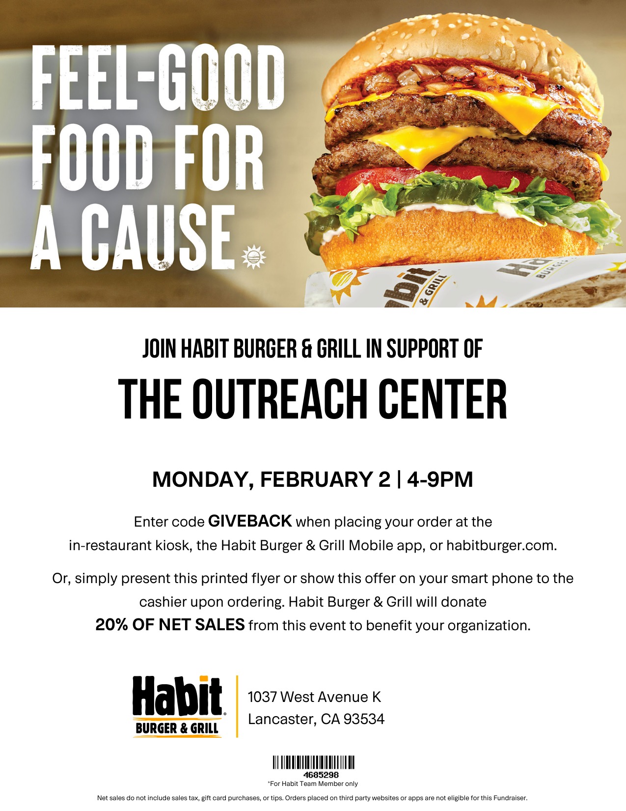 🍔❤️🌈 Char the love with The OUTreach Center and The Habit on Monday, February 2 from 4-9PM! To participate, visit The Habit located at 1037 West Avenue K in Lancaster and use the code GIVEBACK when placing your order at the kiosk or when using The Habit mobile app! 20% of all net sales with help support this year's AV PRIDE Fest! 🍔❤️🌈