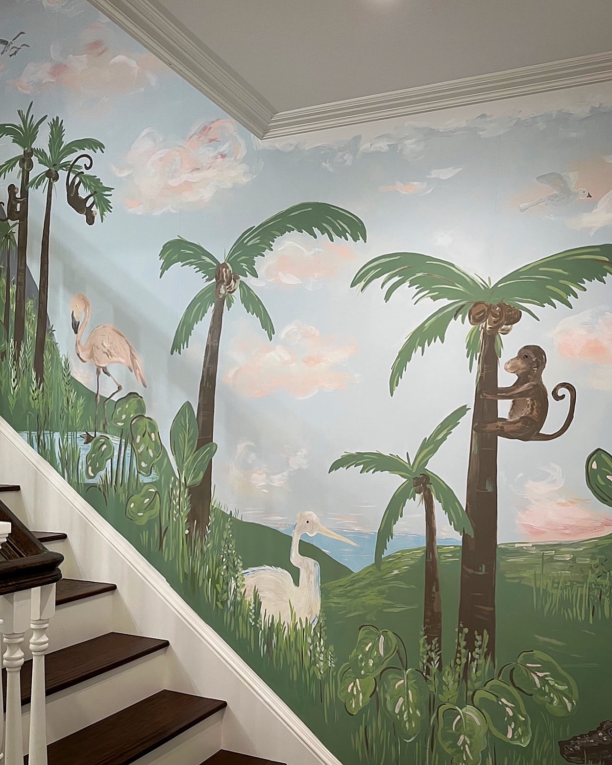 🦜I had the amazing opportunity to paint a mural for dear clients of mine in Palm Beach 🌴 They wanted something whimsical and tropical with lots of birds and monkeys 🐵 What do you think? More pics to come! #muralist #palmbeachdesign #paintmyworld #palmbeach #palmbeachmurals