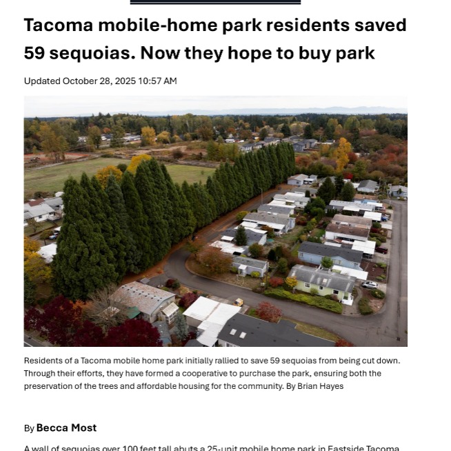 Look at what we did together! Thank you to all who contacted city and county officials. If you'd like to join the celebration on Jan 30th, 2026 at 2:30 at the Ohana Mobile Home Park, you are invited! We need more creative action like this to ensure our tree canopy remains and we can provide truly affordable housing for all. #treecanopy #tacoma #30by30 #tacomaurbanforestfriends #trees