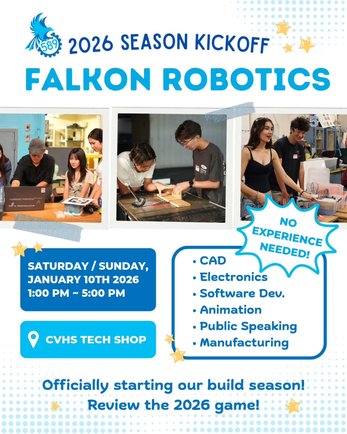 We're AGEing into 2026 with our REBUILT Season Kickoff this Saturday and Sunday, January 10-11th, from 1-5 PM!
We will watch this year's game reveal and begin designing our robot.
No experience is needed. Hope to see you there!!