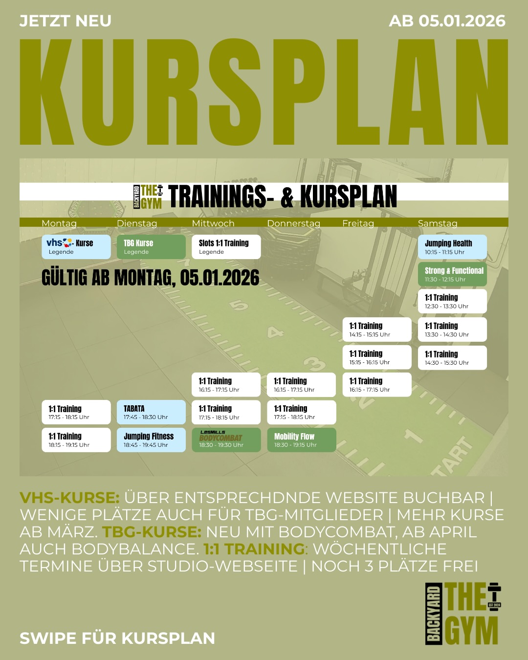 NEUER TRAININGS- & KURSPLAN
✨gültig seit Montag, 05.01.2026
Was euch in den nächsten drei Monaten erwartet: Mehr Struktur, mehr Auswahl & ganz viel Trainingsqualität im Backyard Gym!
💙 VHS-KURSE
Auch für kommendes Semester über die VHS-Webseite buchbar
✨ Mit wenigen Plätzen auch für The Backyard Gym Teilnehmer:innen verfügbar
➡️ Weitere Kurse ab März 2026 geplant
💚 TBG-KURSE
Mittwoch: Jetzt neu mit LES MILLS BODYCOMBAT 🥊
Zusätzlich ab April auch BODYBALANCE 🤫🧘♀️
Energie, Kraft & Beweglichkeit – perfekt ergänzt
🤍 1:1 PERSONAL TRAINING
Wöchentliche Termine über die Studio-Webseite buchbar
ℹ️ Die meisten Slots sind bereits fest vergeben
✌🏼Platz für maximal 3 neue 1:1 Kund:innen
Ich freue mich riesig auf ein starkes, bewegtes Jahr mit euch. Bei Fragen: meldet euch jederzeit! 💪🏼
#kursplan#lesmills#bodycombat#new#thebackyardgymsaa