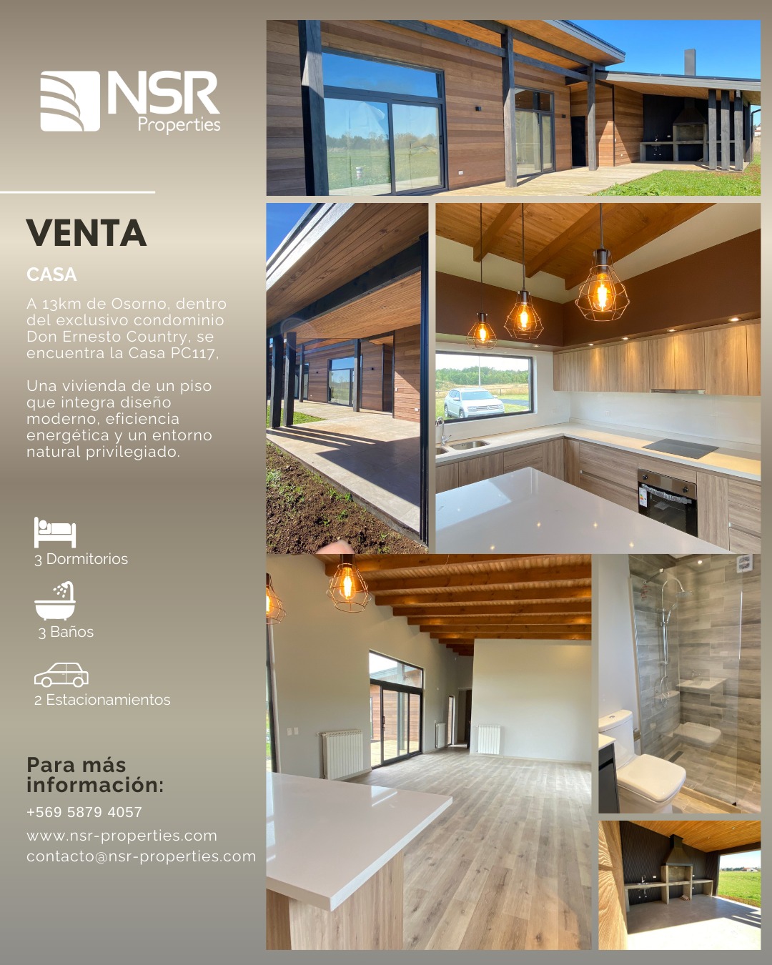 NUEVA, DON ERNESTO COUNTRY, CONDOMINIO, SIN COMISION
Terreno: 5.000 m² | Construcción: 233,7 m2 totales | Condominio
En la Región de Los Lagos, dentro del exclusivo condominio Don Ernesto Country, se encuentra la Casa PC117, diseñada en un piso que integra arquitectura moderna, eficiencia energética y un entorno natural privilegiado. Proyecto pensado para una vida familiar y confortable en el sur de Chile.
UBICACIÓN:
El condominio está estratégicamente ubicado sobre el km 13 de la ruta U55-V, camino a Puerto Octay a la altura de Pichil.
DISTRIBUCIÓN:
Piso 1: Espacio general.
• Hall de recepción.
• Living–comedor con amplios ventanales y vistas a volcanes y entorno.
• Cocina íntegramente amoblada con isla. Muebles de líneas modernas. Cubierta de cuarzo. Encimera y horno eléctricos. Campana. Espacio para lavavajillas.
• Baño de visitas con luz natural.
• Logia y bodega.
Piso 1: Espacio privado.
• Master suite: Dormitorio principal con walk-in closet XL, con divisiones interiores e iluminación led. Baño con doble lavamanos, shower-door y luz natural.
• Dos dormitorios con closets.
• Baño con shower-door y luz natural.
• Closet para ropa blanca.
Exterior:
• Quincho techado con espacio para parrilla y lavaplatos.
• Terraza.
• Estacionamiento techado para dos autos.
OTROS DETALLES:
• Ventanales de termopanel de PVC, color gris grafito.
• Luces instaladas.
• Pisos vinílicos.
• Baños con pisos de porcelanato.
• Sistema de aislación térmica en muros.
• Aislación térmica en pisos y cielos.
• Calefacción con bomba de calor. Radiadores de aluminio de alta transmitancia térmica.
• Termotanque para agua caliente.
DATOS ADICIONALES:
• Terreno de 5.000 m2.
• 151,3 m² útiles + 82,4 m² terrazas y quincho. 233,7 m2 totales
• Contribuciones: $59.000.-
• Gastos comunes: $40.000.-
• Precio de venta: U.F. 8.700.-
Disfruta el vídeo y contáctanos para coordinar una visita y conocer esta magnífica propiedad!
CONTACTO:
Cinthia García – +56 9 5879 4057
cinthia.garcia@nsr-properties.com