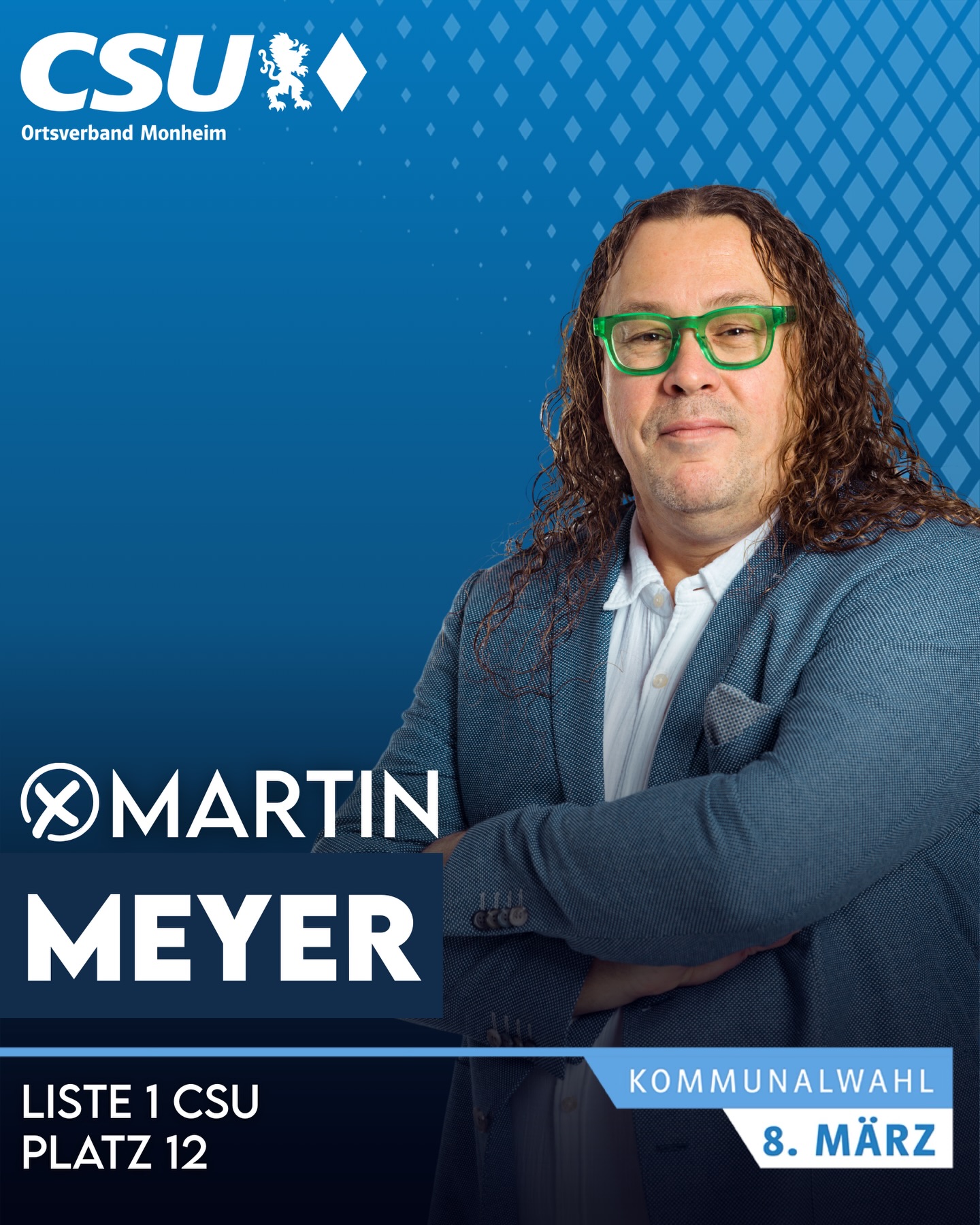 📣Wir stellen vor für den Stadtrat:
👤 Martin Meyer
🎂 54 Jahre | 💍 verheiratet
📈 Optionshändler | Investor
🏡 Monheim
🤝 Vorstand Kolping Monheim
🚴♂️ Radfahren
🎿 Skifahren
🗳 Kommunalwahl 8. März
➡️ Liste 1 CSU – Platz 12
#csu #monheim #bayern #stadtrat #kommunalwahl
