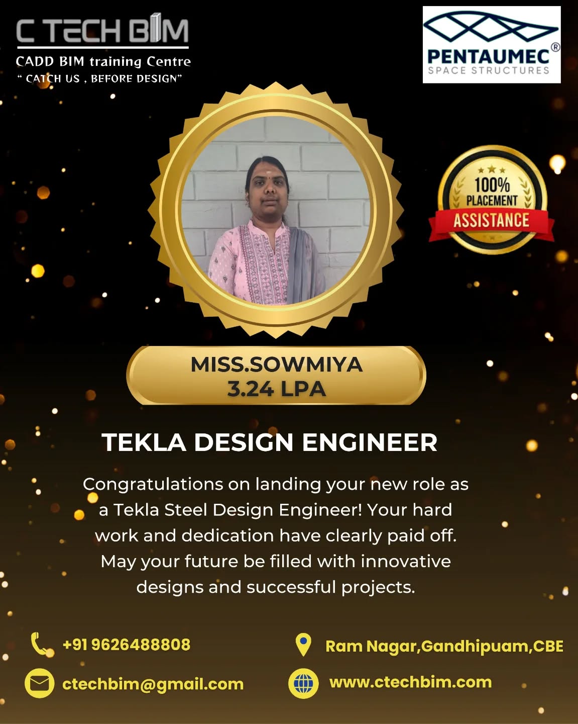 ๐ Congratulations on Your Successful Placement! ๐
We are proud to congratulate Miss. Sowmiya on being placed as a Tekla Steel Designer at Pentamec Space Structures ๐๏ธ
โจ โYour future is as strong as the steel you detail!โ
This achievement reflects your hard work, dedication, and commitment to excellence.
Wishing you a successful and bright career ahead! ๐
๐ C TECH BIM โ CADD BIM Training Centre
๐ +91 96264 88808
๐ www.ctechbim.com
#PlacementSuccess #CtechBIM #TeklaSteel #SteelDesigner #CareerGrowth SuccessStory CivilCareers Coimbatore