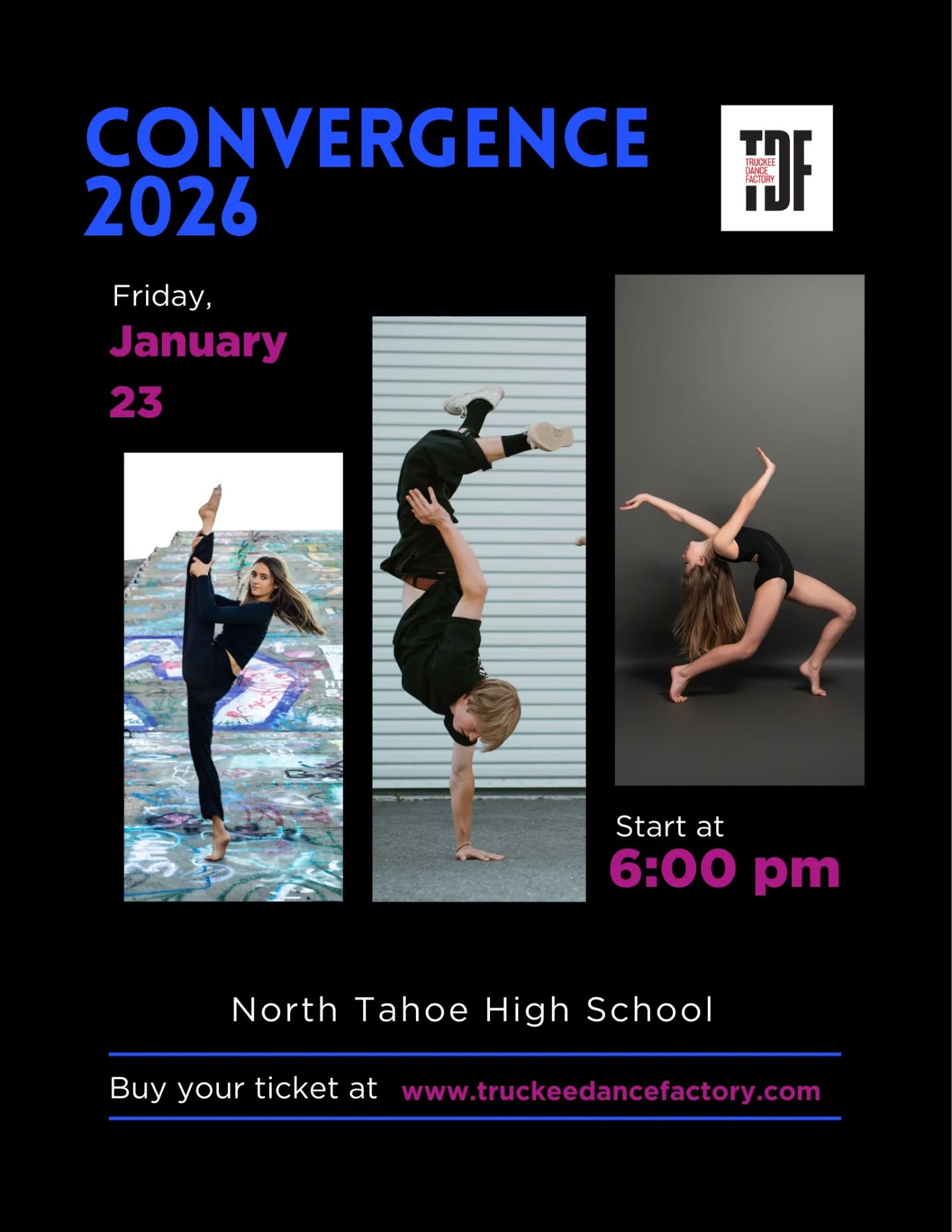 New Year, New Show! Catch TDF's Performance companies debuting all their new works for the season all in one place before we take it on the road! Jan 23rd @ North Tahoe Highschool. Tickets go on sale Sunday, January 11th truckeedancefactory.com