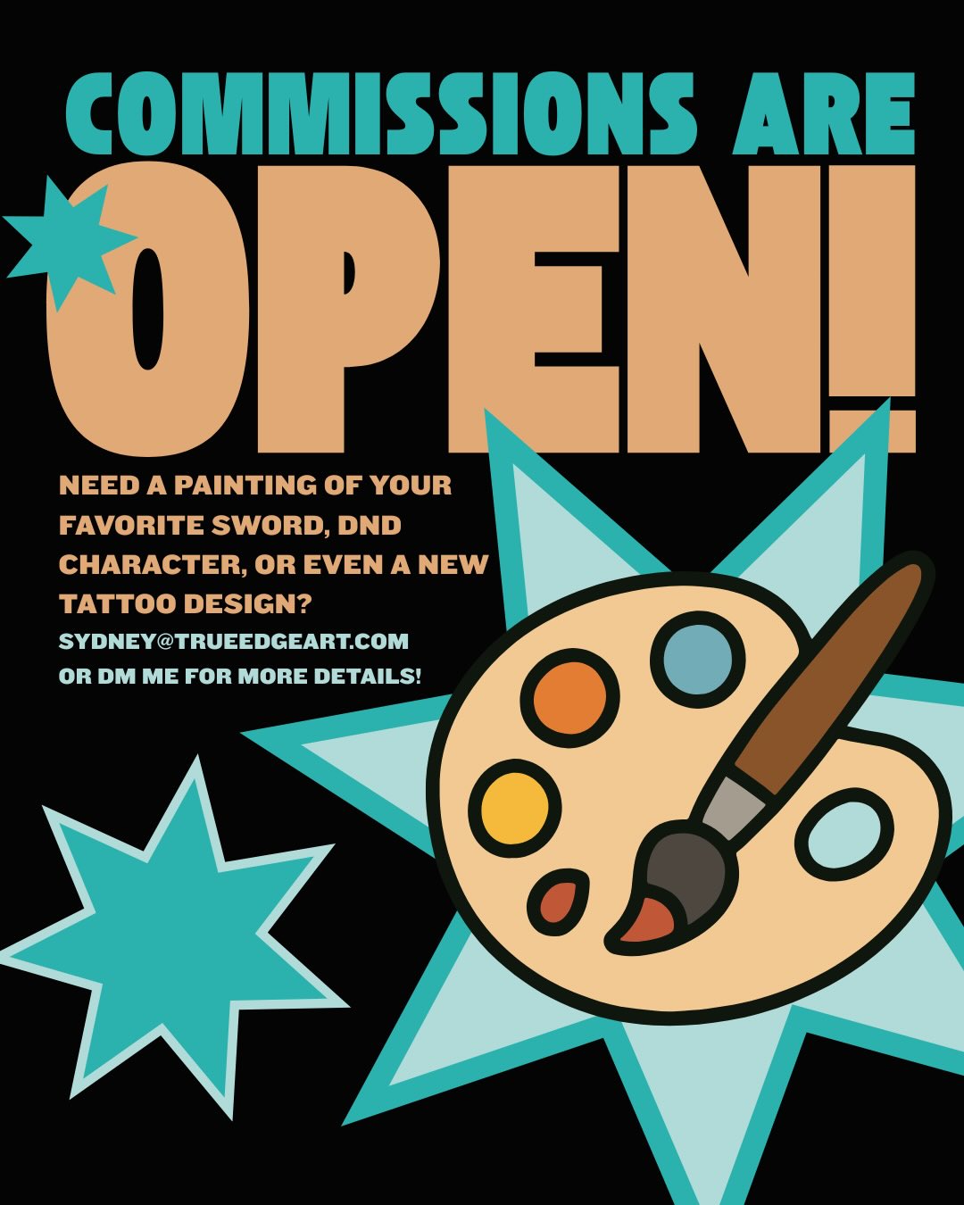 Hey everyone! ✨Commissions are open!✨ Finding yourself in need of a new sword painting? Something to commemorate a pet, a new life journey, or even a cool dnd campaign? Or maybe just because! Hit your girl up. I would love to create something for you.
🖤🎨⚔️🎨🖤
#commisionsopen #artistssupportingartists